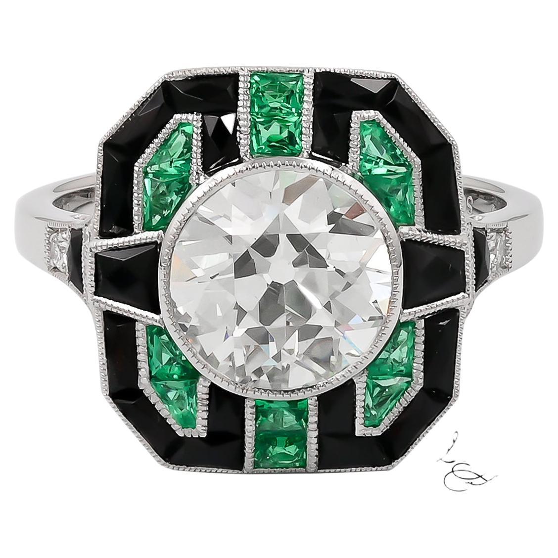 Sophia D. 1.94 Carat Diamond, Onyx, and Emerald Art Deco Ring in Platinum  For Sale