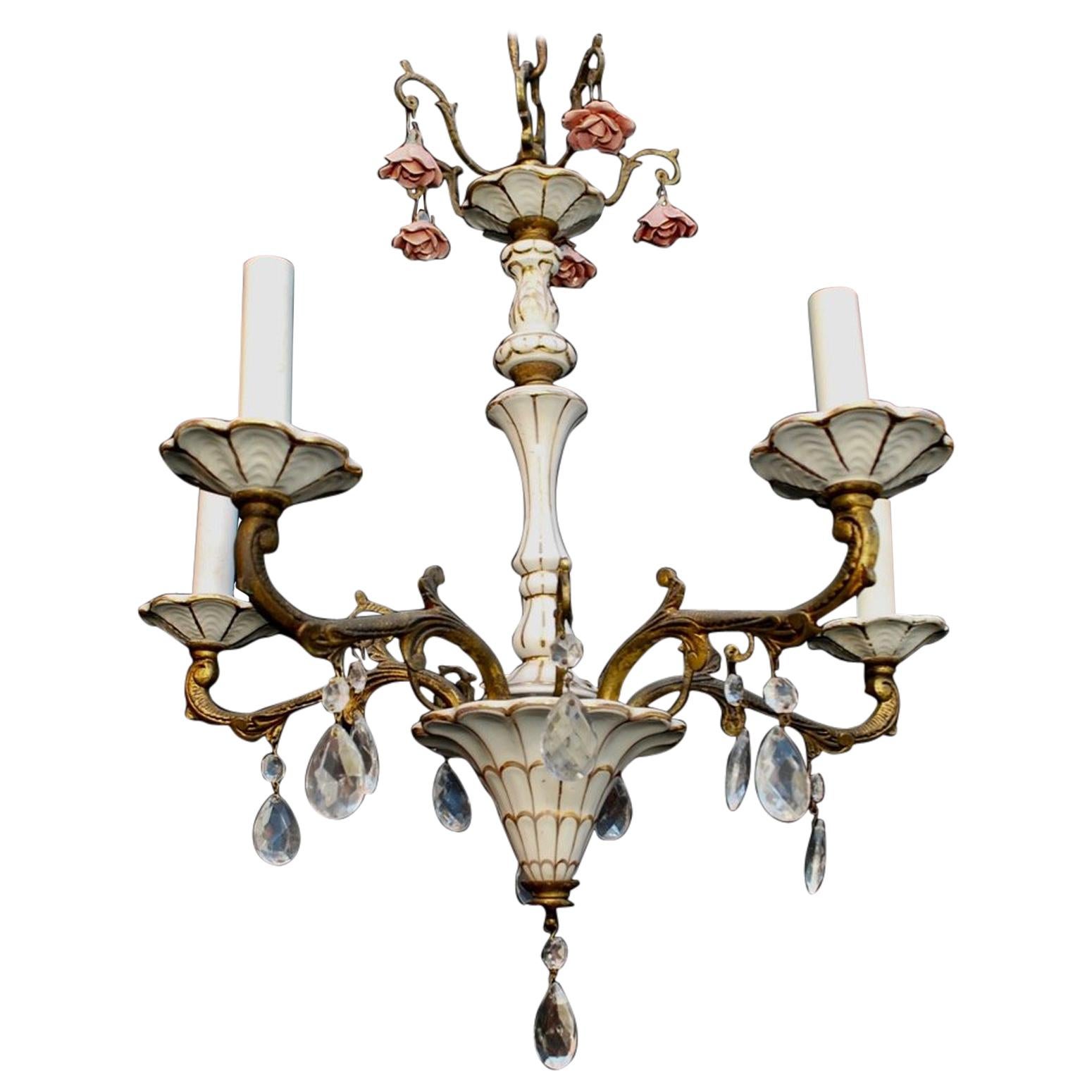 Beautiful 1940s Brass and Porcelain Chandelier from Spain