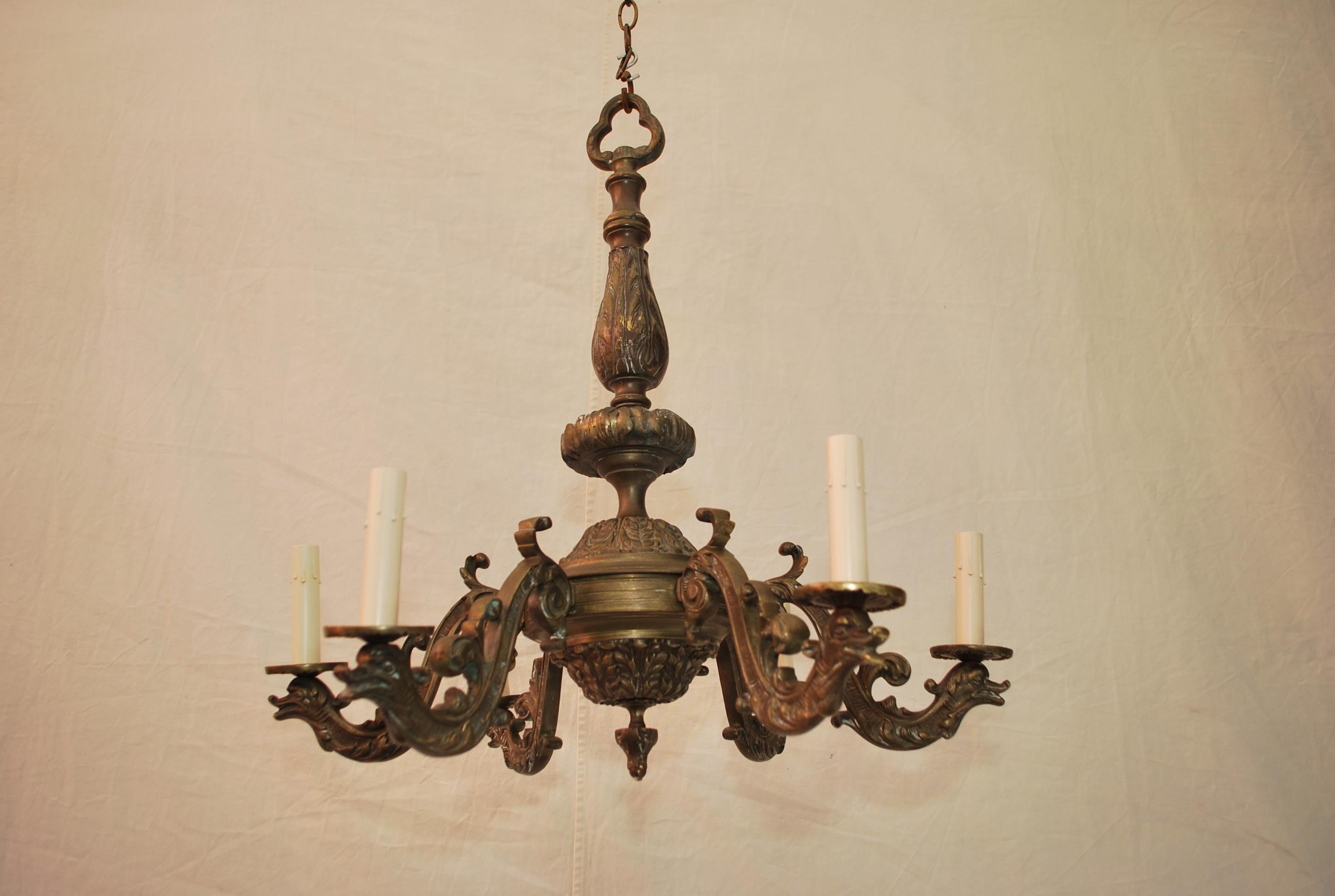 Beautiful 1940's French bronze chandeliers with sea creatures For Sale 1