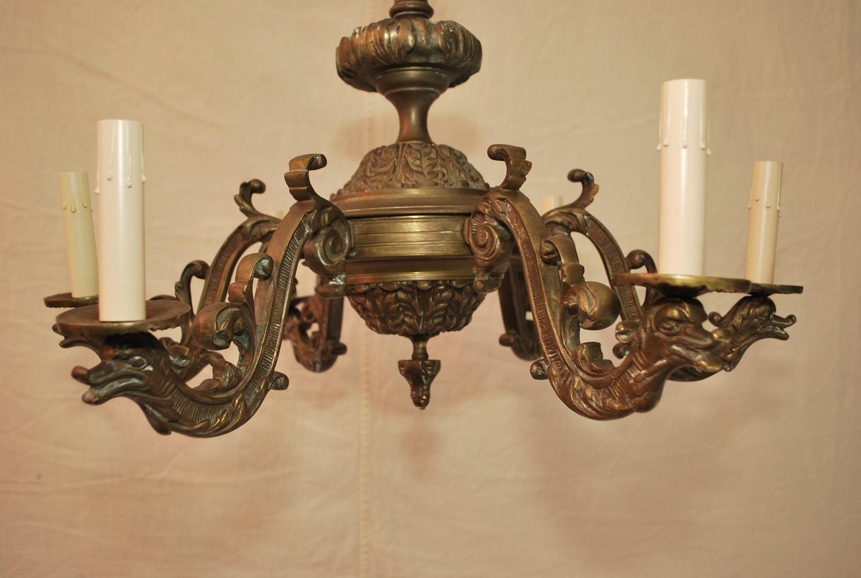 Beautiful 1940's French bronze chandeliers with sea creatures  For Sale 2