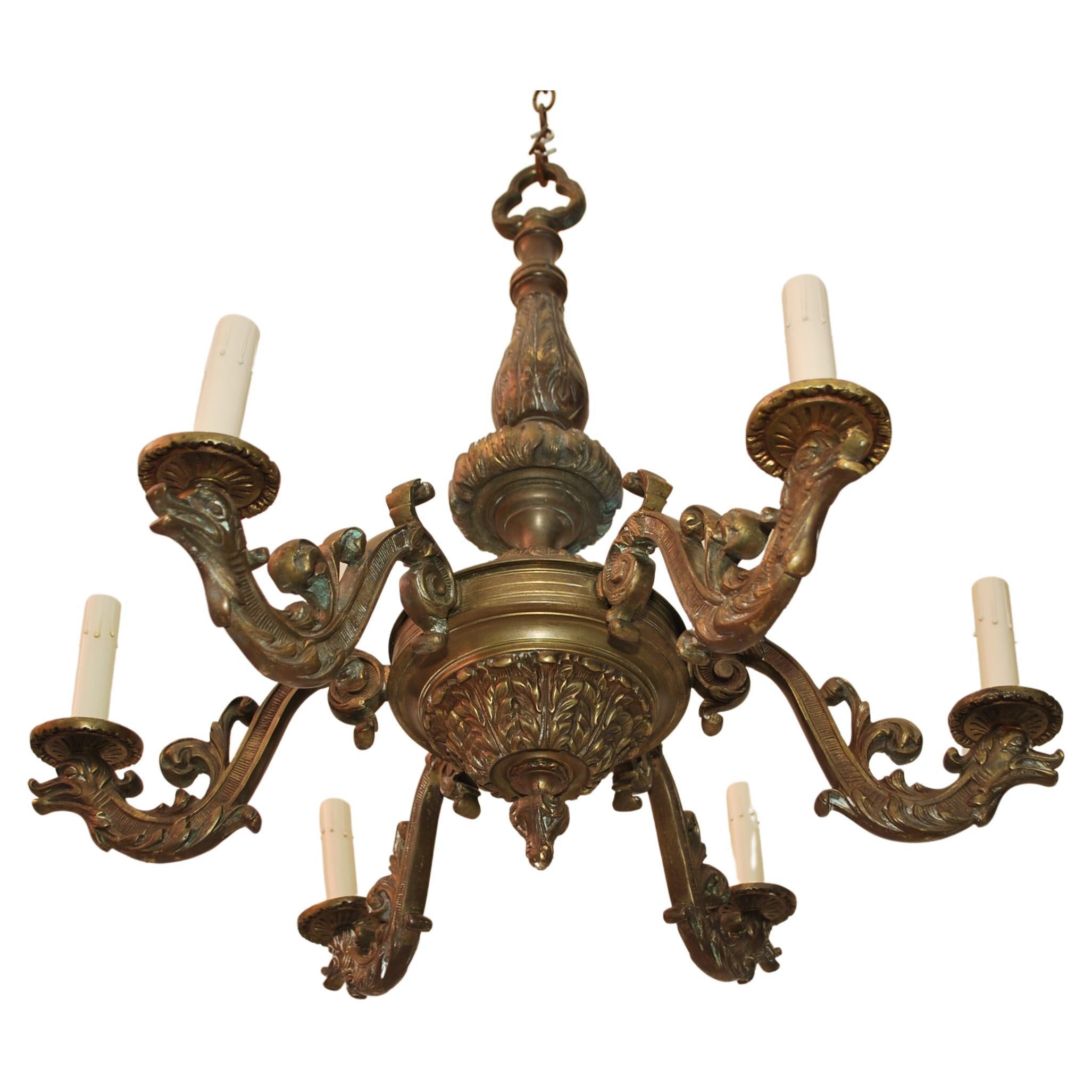 Beautiful 1940's French bronze chandeliers with sea creatures  For Sale