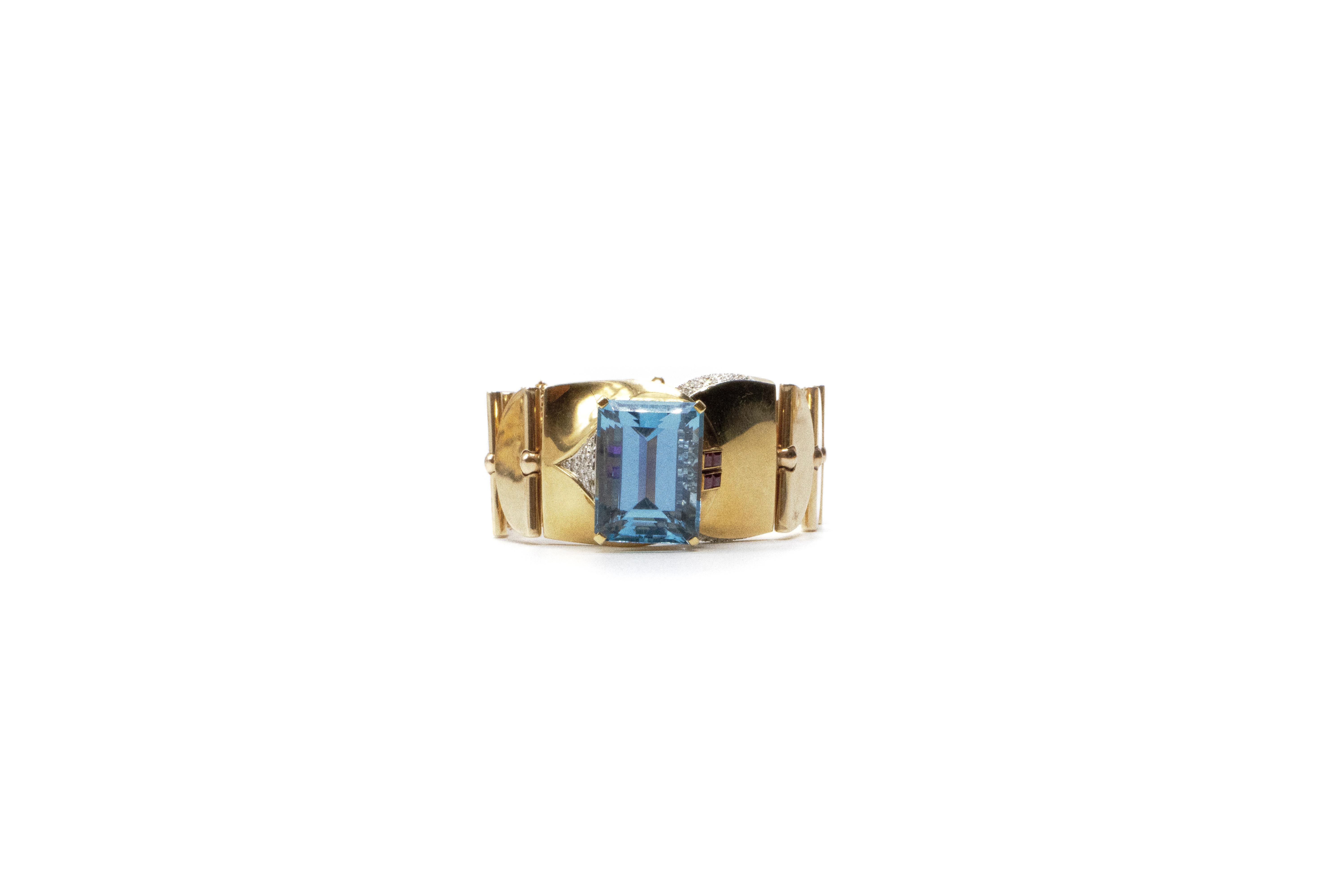 Emerald Cut Beautiful 1950s 14 Karat Gold Aquamarine, Ruby and Diamond Bracelet For Sale