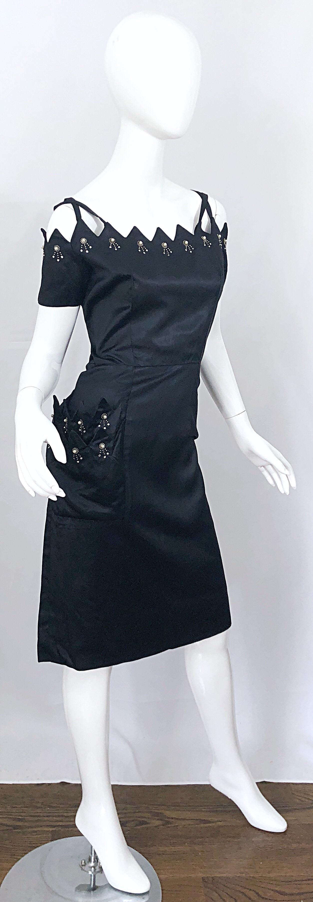 Beautiful 1950s Demi Couture Black Silk Size 10 / 12 Rhinestone Cut Out Dress For Sale 6