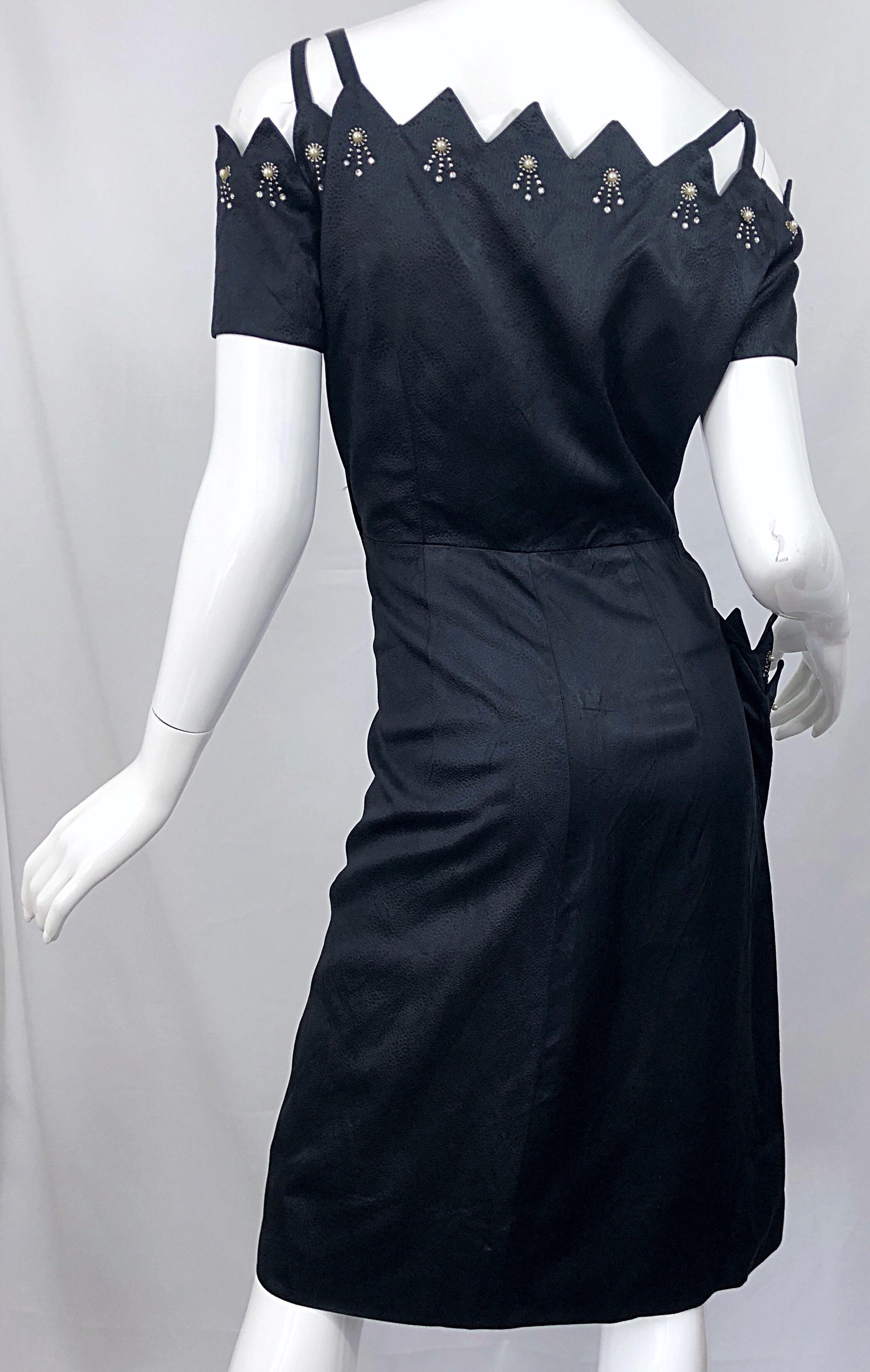 Beautiful 1950s Demi Couture Black Silk Size 10 / 12 Rhinestone Cut Out Dress For Sale 7