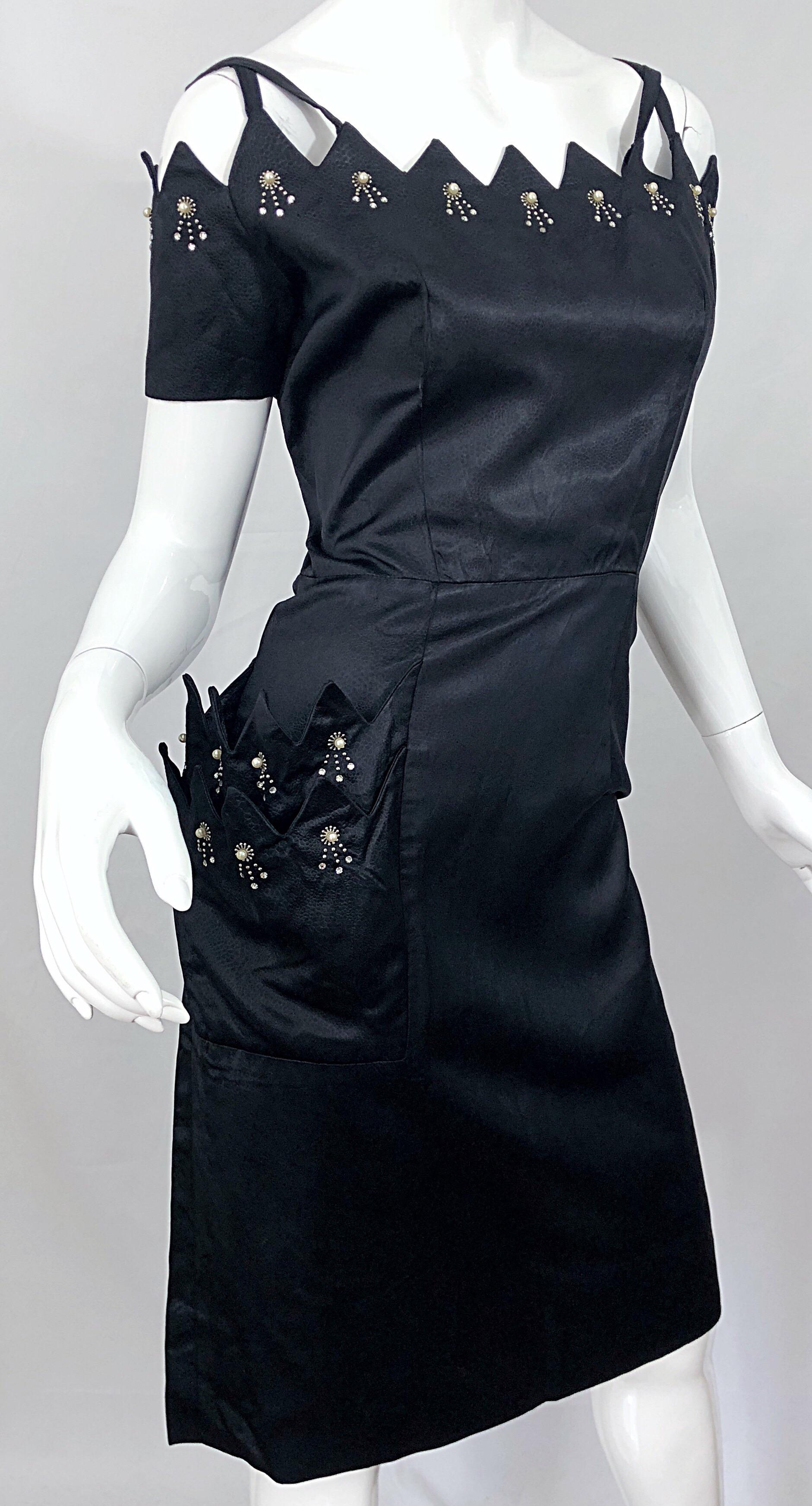 Beautiful 1950s Demi Couture Black Silk Size 10 / 12 Rhinestone Cut Out Dress For Sale 8