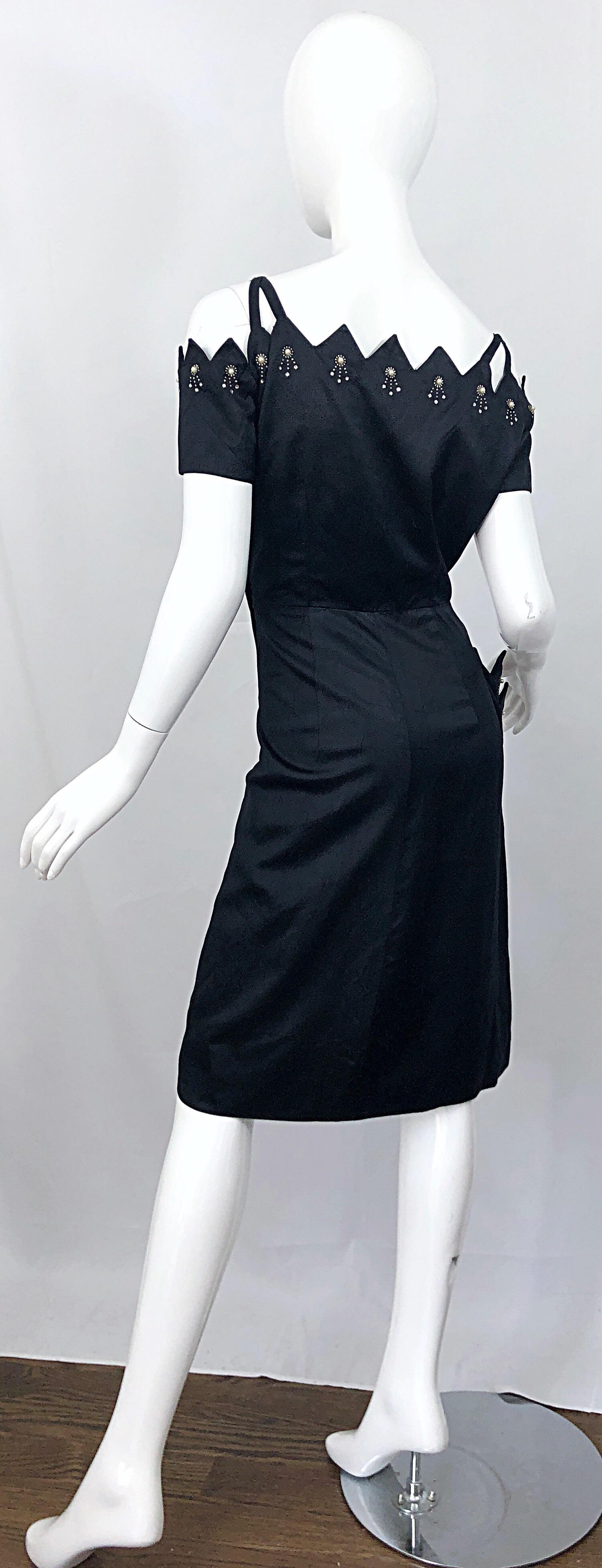 Beautiful 1950s Demi Couture Black Silk Size 10 / 12 Rhinestone Cut Out Dress For Sale 9