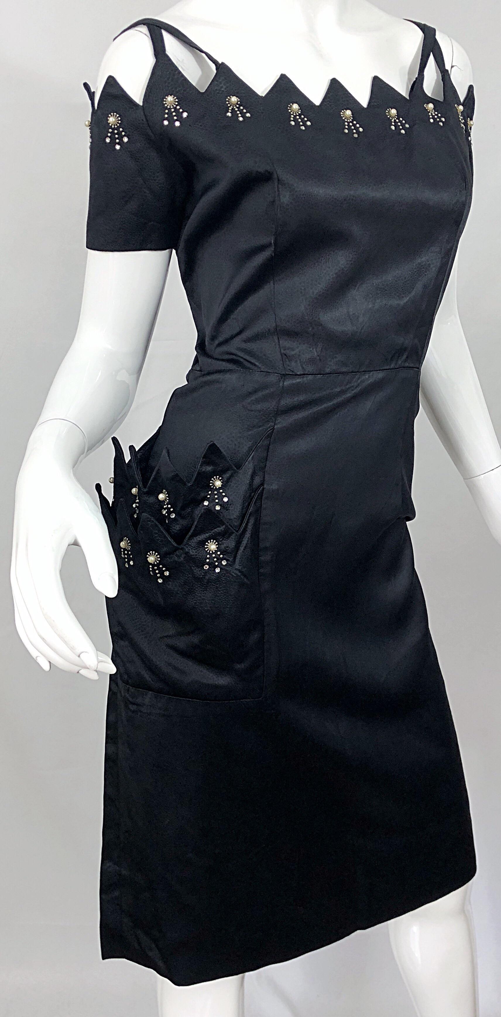 Beautiful 1950s Demi Couture Black Silk Size 10 / 12 Rhinestone Cut Out Dress For Sale 10