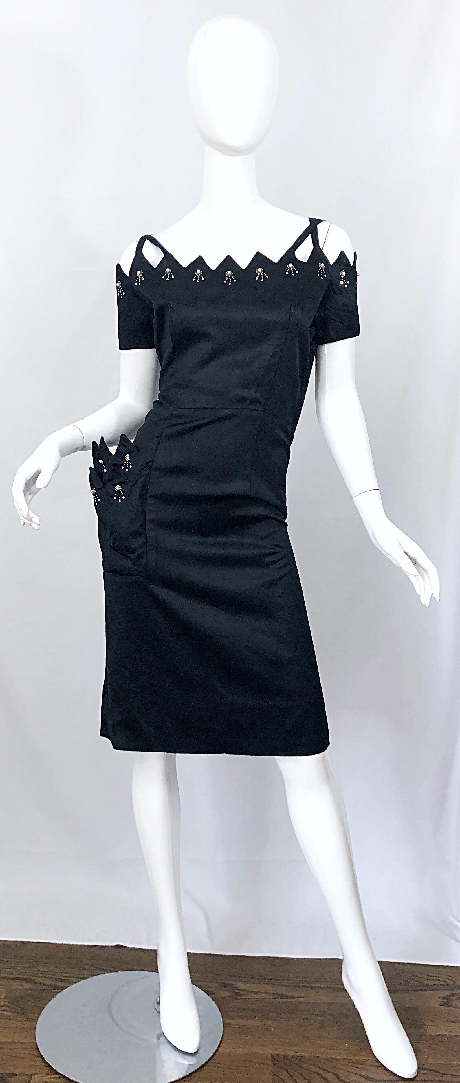 Beautiful 1950s Demi Couture Black Silk Size 10 / 12 Rhinestone Cut Out Dress For Sale 11