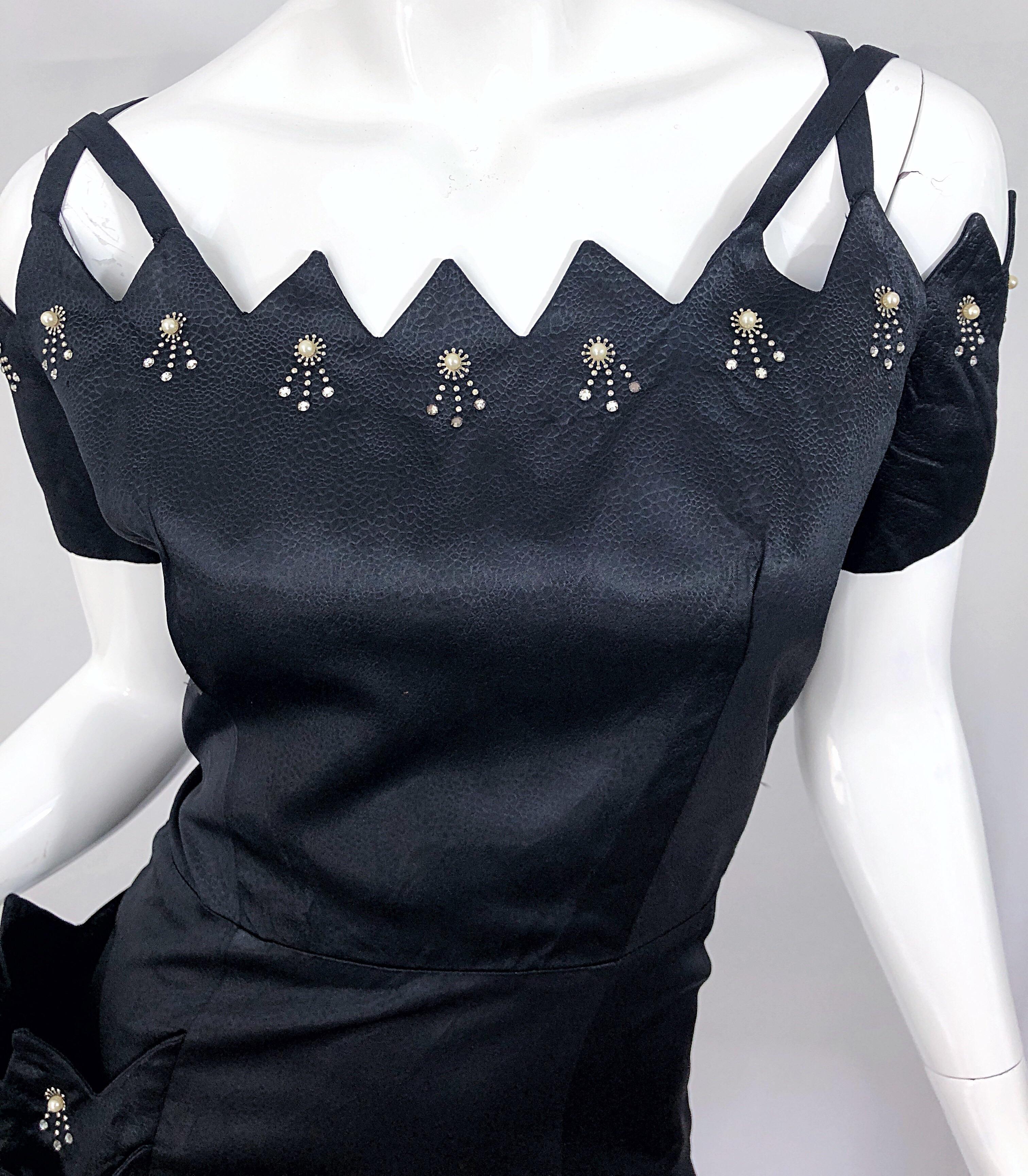 Beautiful 1950s Demi Couture Black Silk Size 10 / 12 Rhinestone Cut Out Dress In Excellent Condition For Sale In San Diego, CA