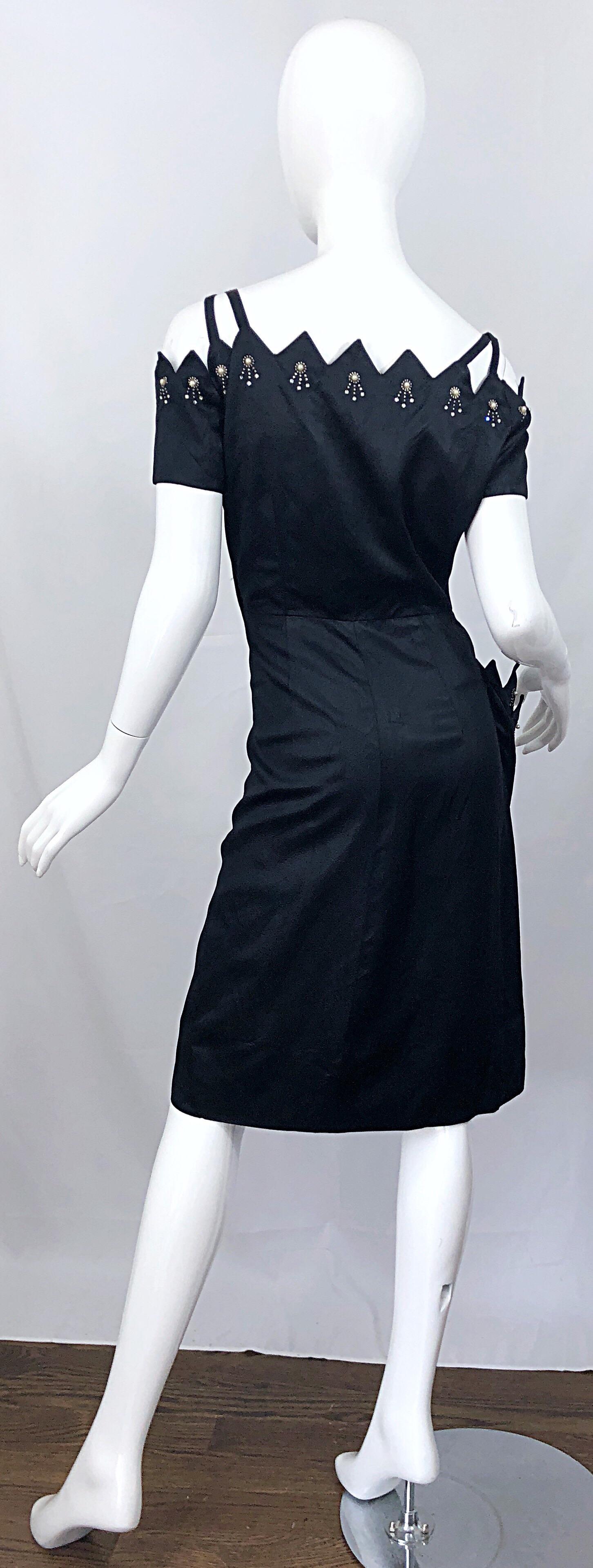 Women's Beautiful 1950s Demi Couture Black Silk Size 10 / 12 Rhinestone Cut Out Dress For Sale