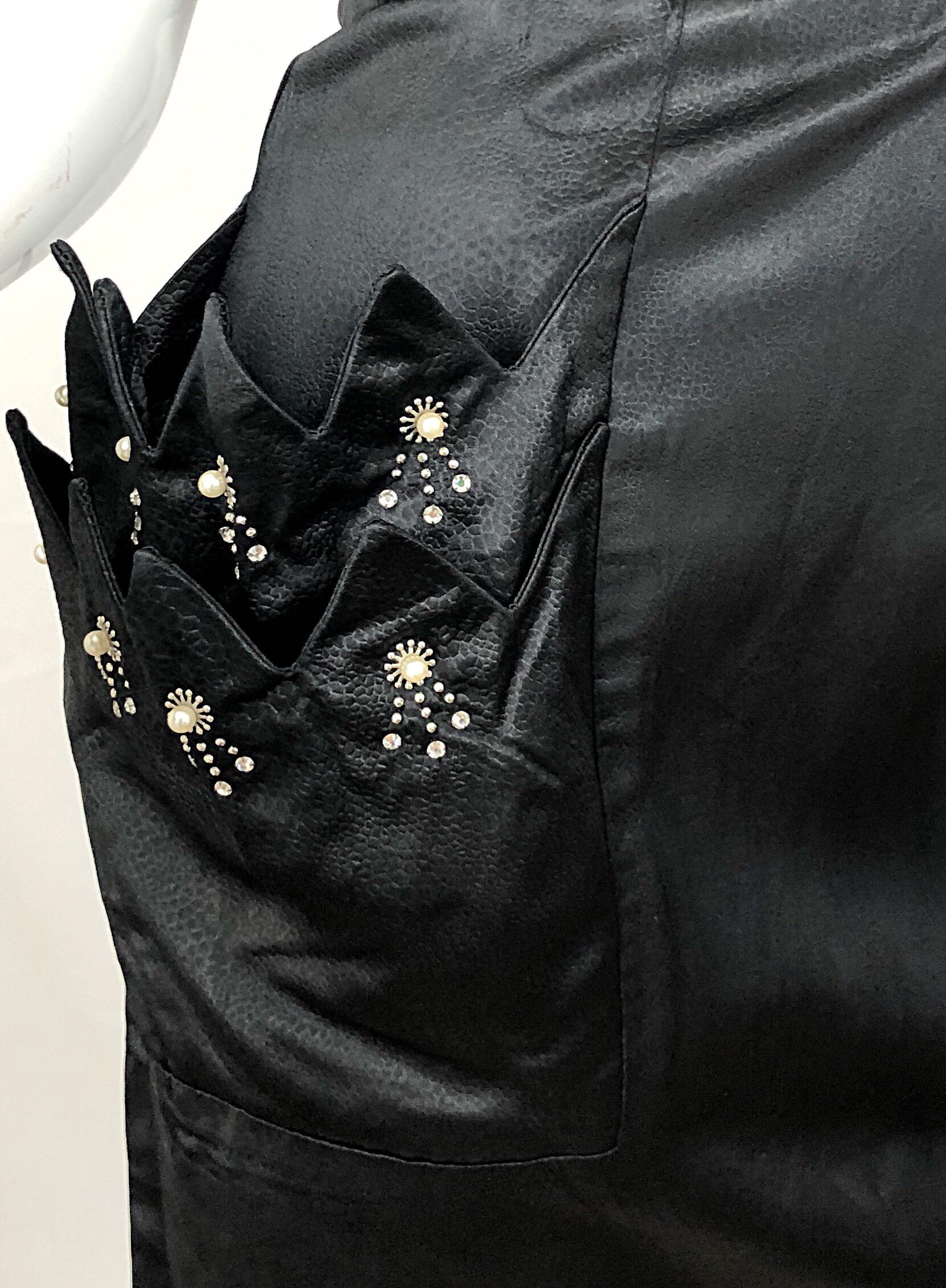 Beautiful 1950s Demi Couture Black Silk Size 10 / 12 Rhinestone Cut Out Dress For Sale 1
