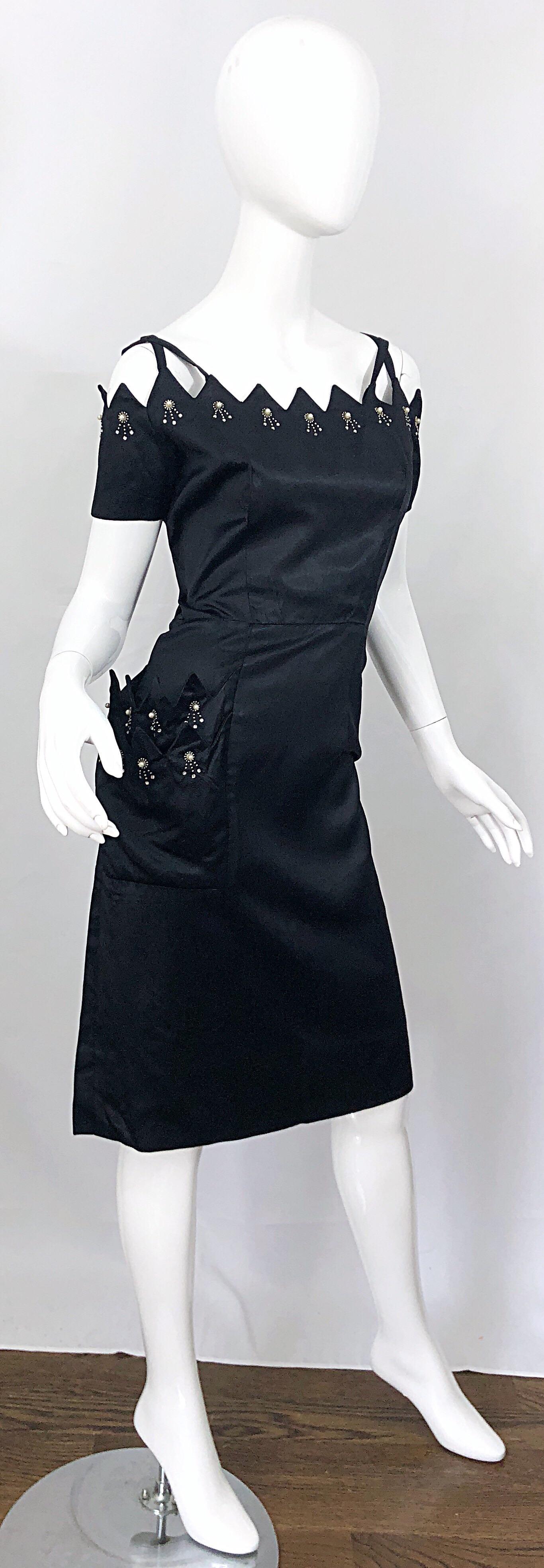 Beautiful 1950s Demi Couture Black Silk Size 10 / 12 Rhinestone Cut Out Dress For Sale 2