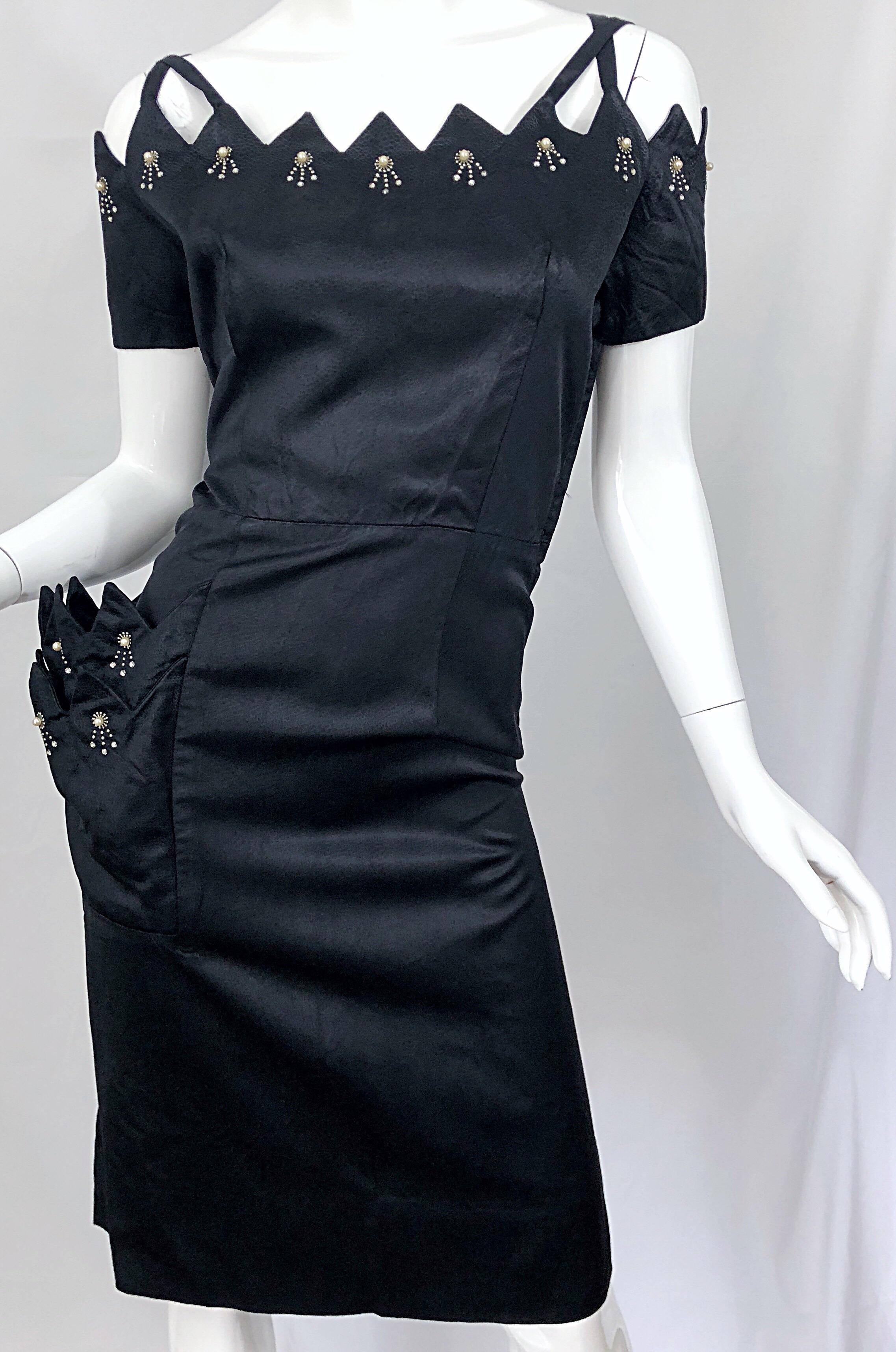 Beautiful 1950s Demi Couture Black Silk Size 10 / 12 Rhinestone Cut Out Dress For Sale 3