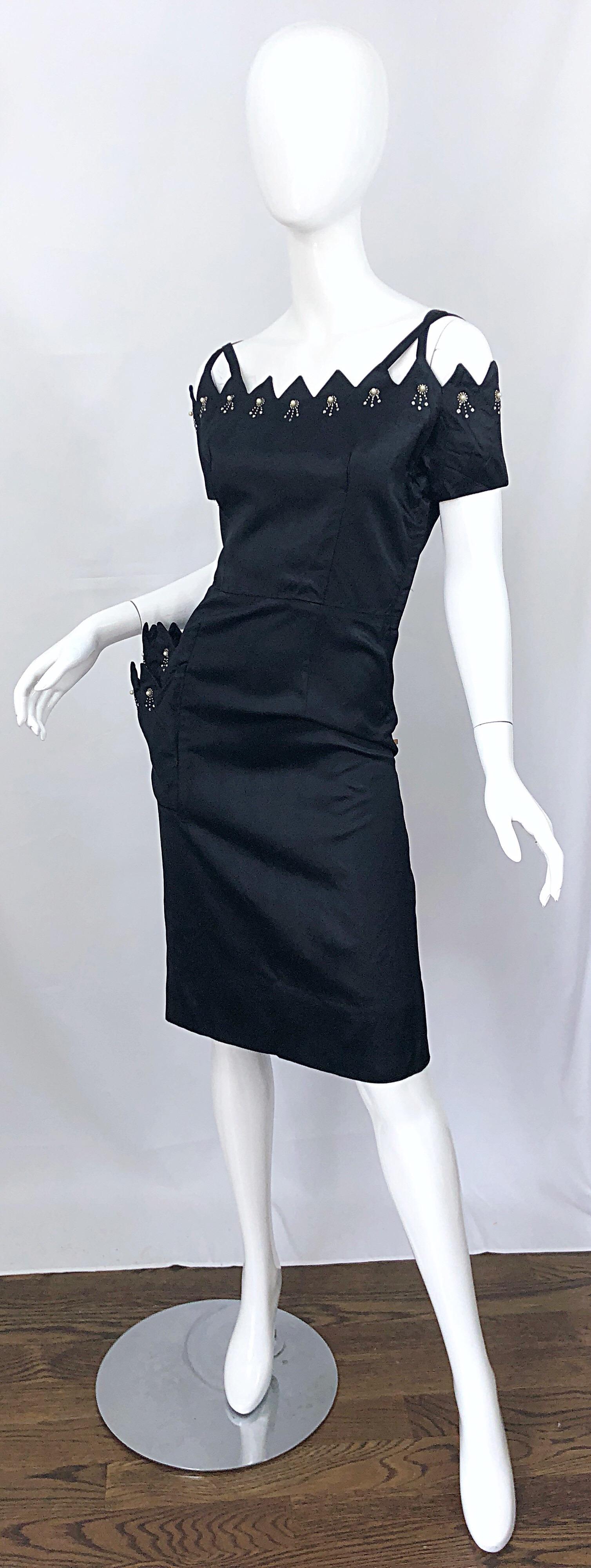 Beautiful 1950s Demi Couture Black Silk Size 10 / 12 Rhinestone Cut Out Dress For Sale 4