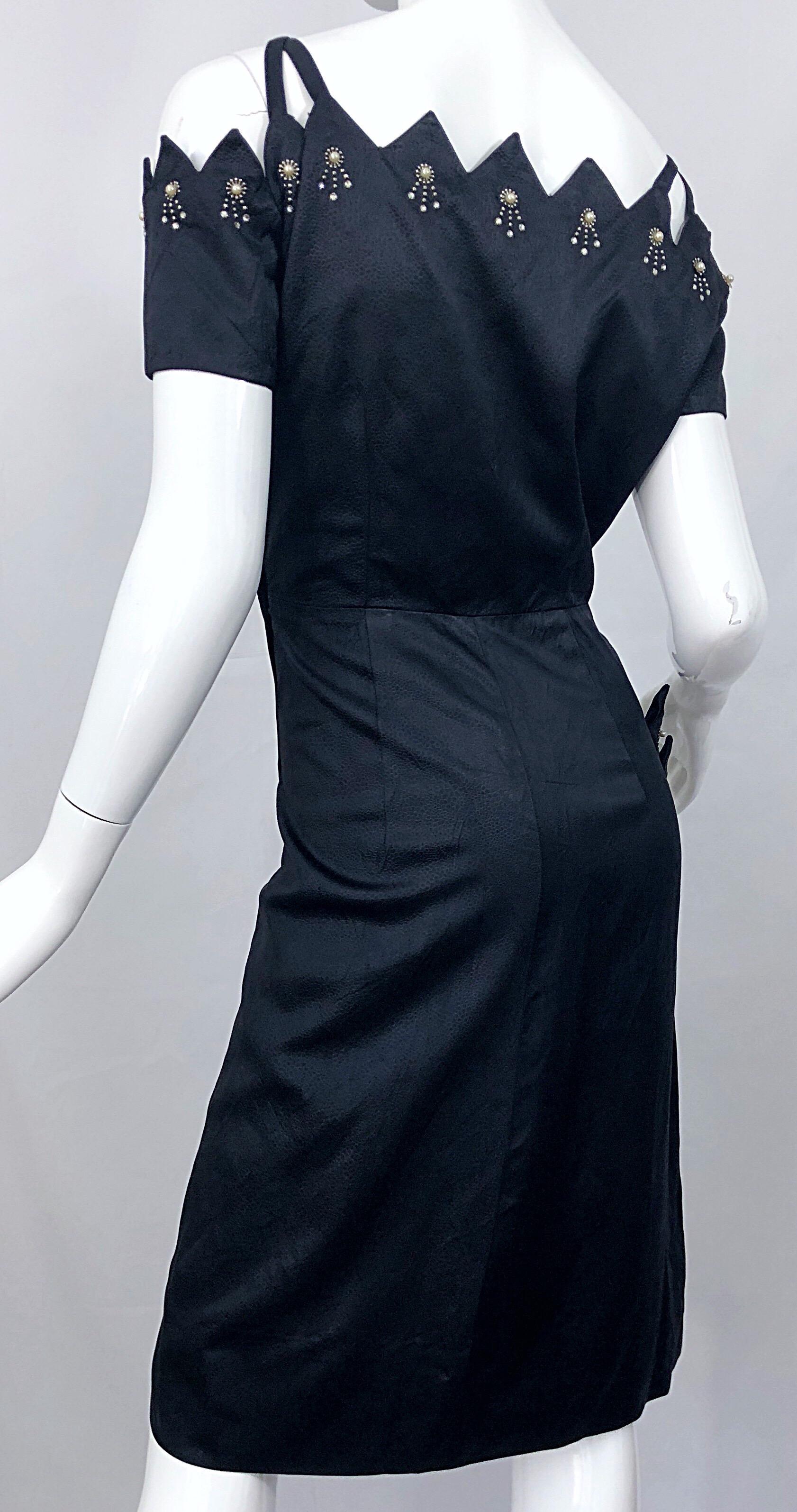 Beautiful 1950s Demi Couture Black Silk Size 10 / 12 Rhinestone Cut Out Dress For Sale 5