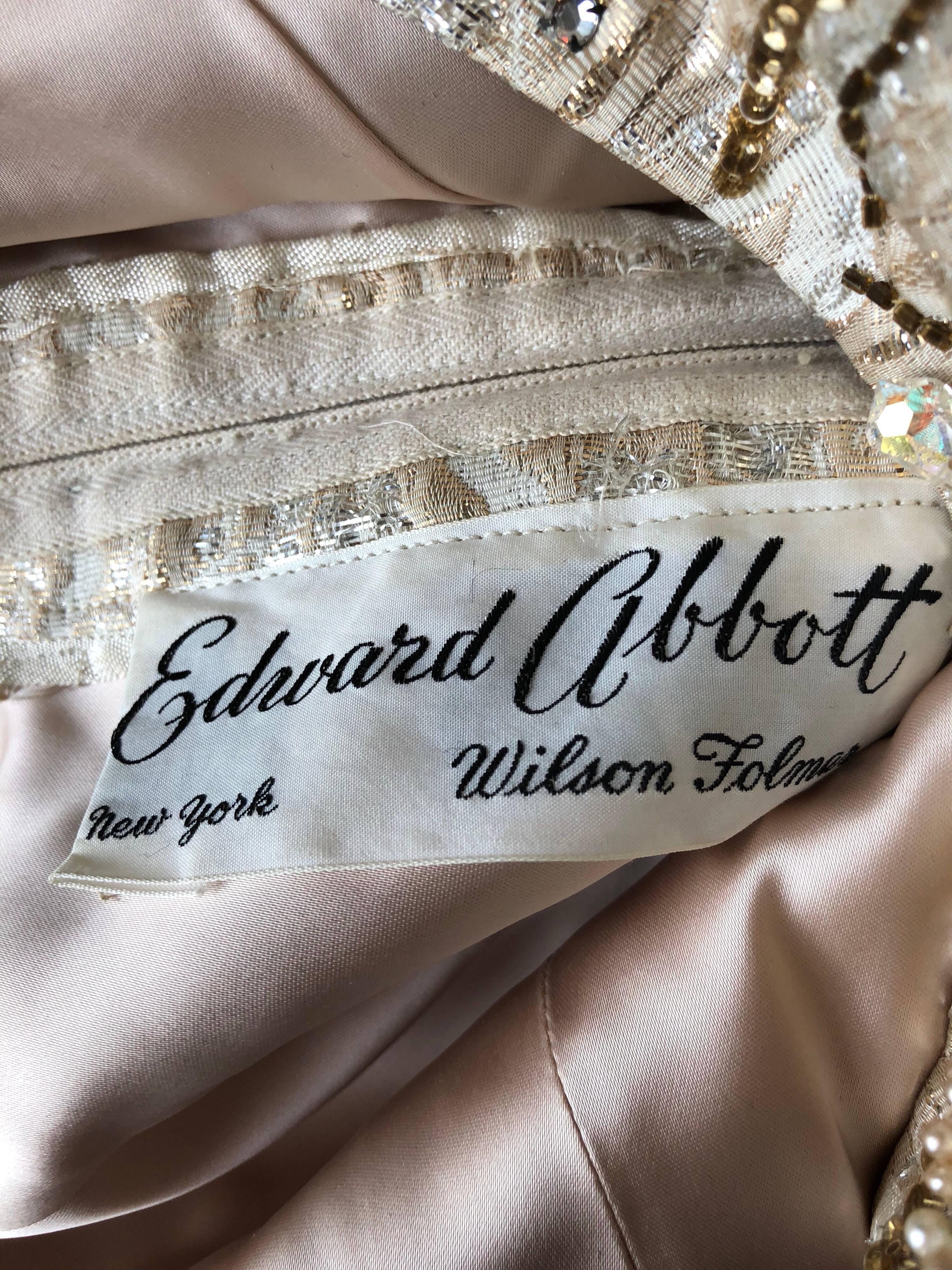 Beautiful 1950s Edward Abbott Demi Couture 50s Champagne Beige Silk Beaded Dress For Sale 3