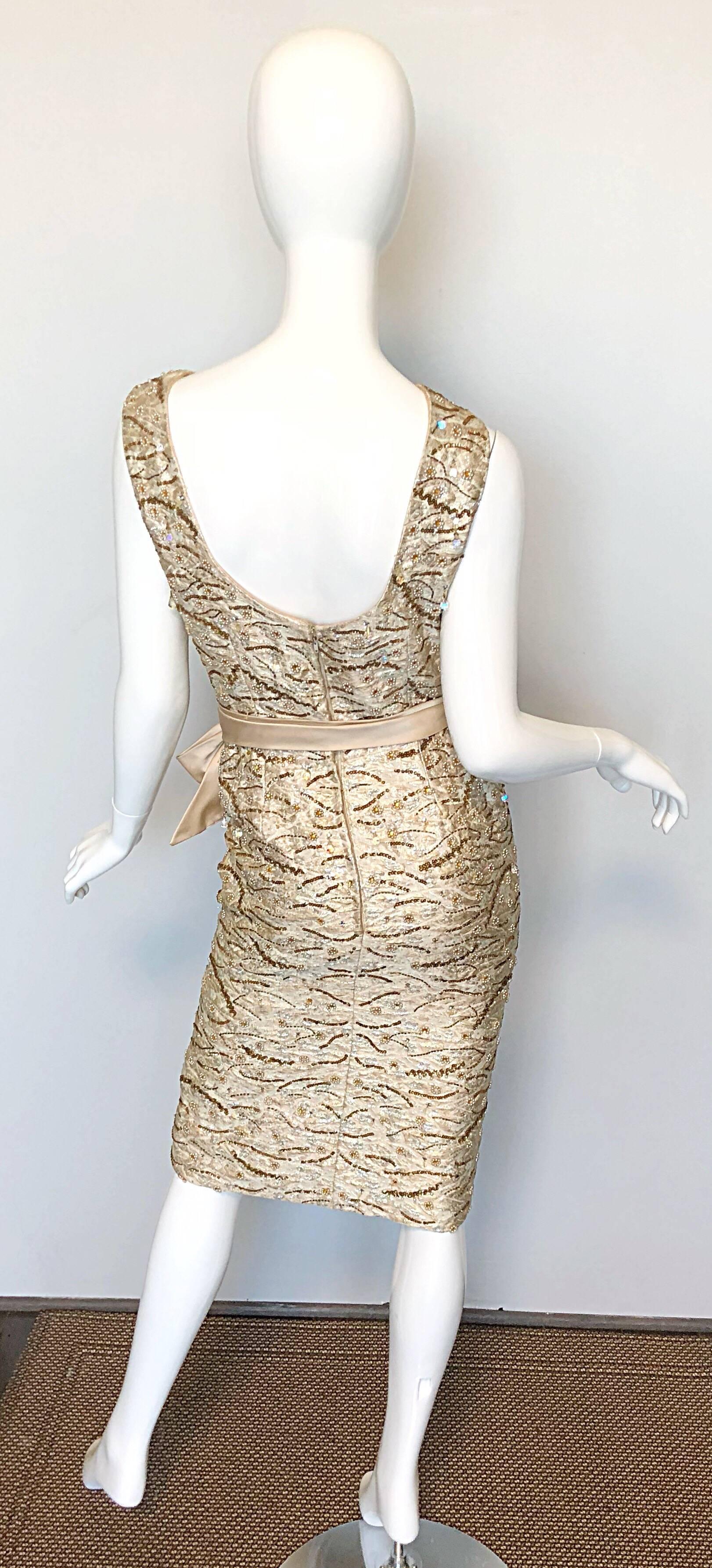 Beautiful 1950s Edward Abbott Demi Couture 50s Champagne Beige Silk Beaded Dress In Excellent Condition For Sale In San Diego, CA