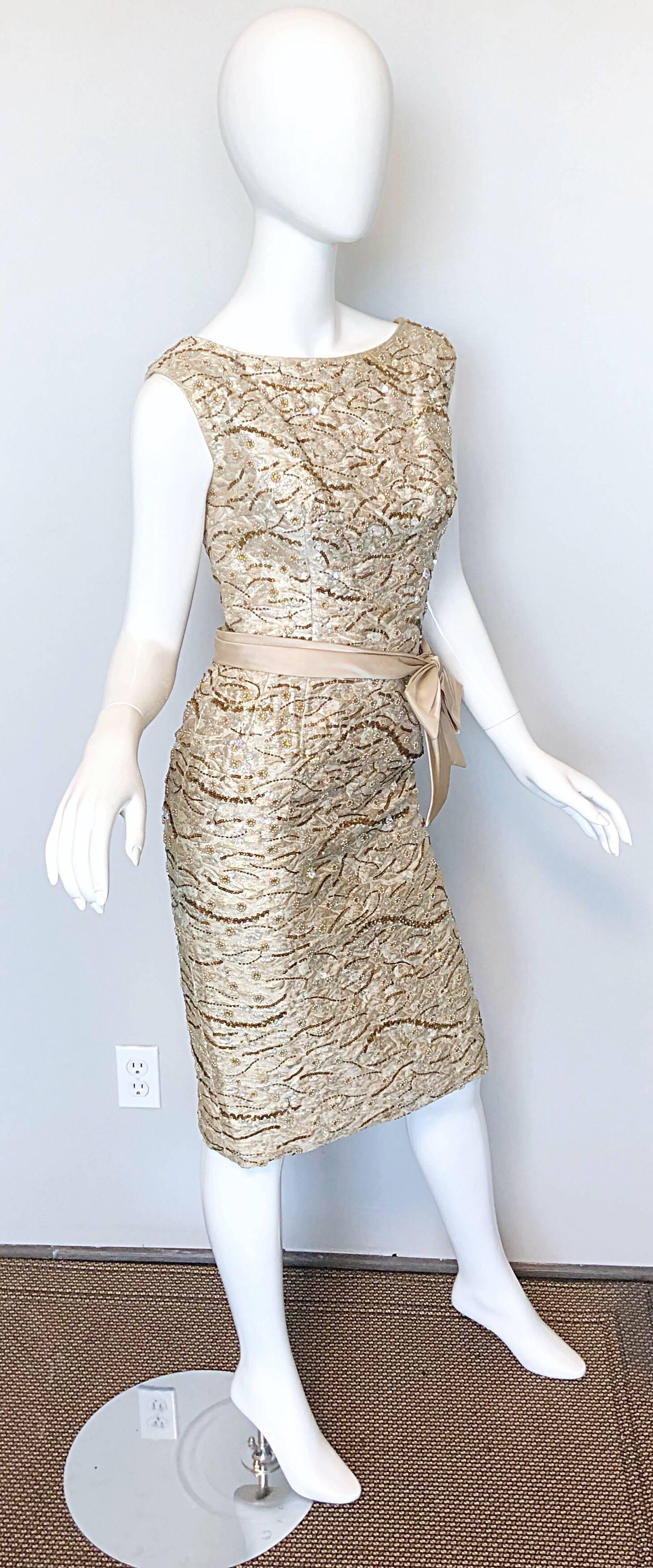 Women's Beautiful 1950s Edward Abbott Demi Couture 50s Champagne Beige Silk Beaded Dress For Sale
