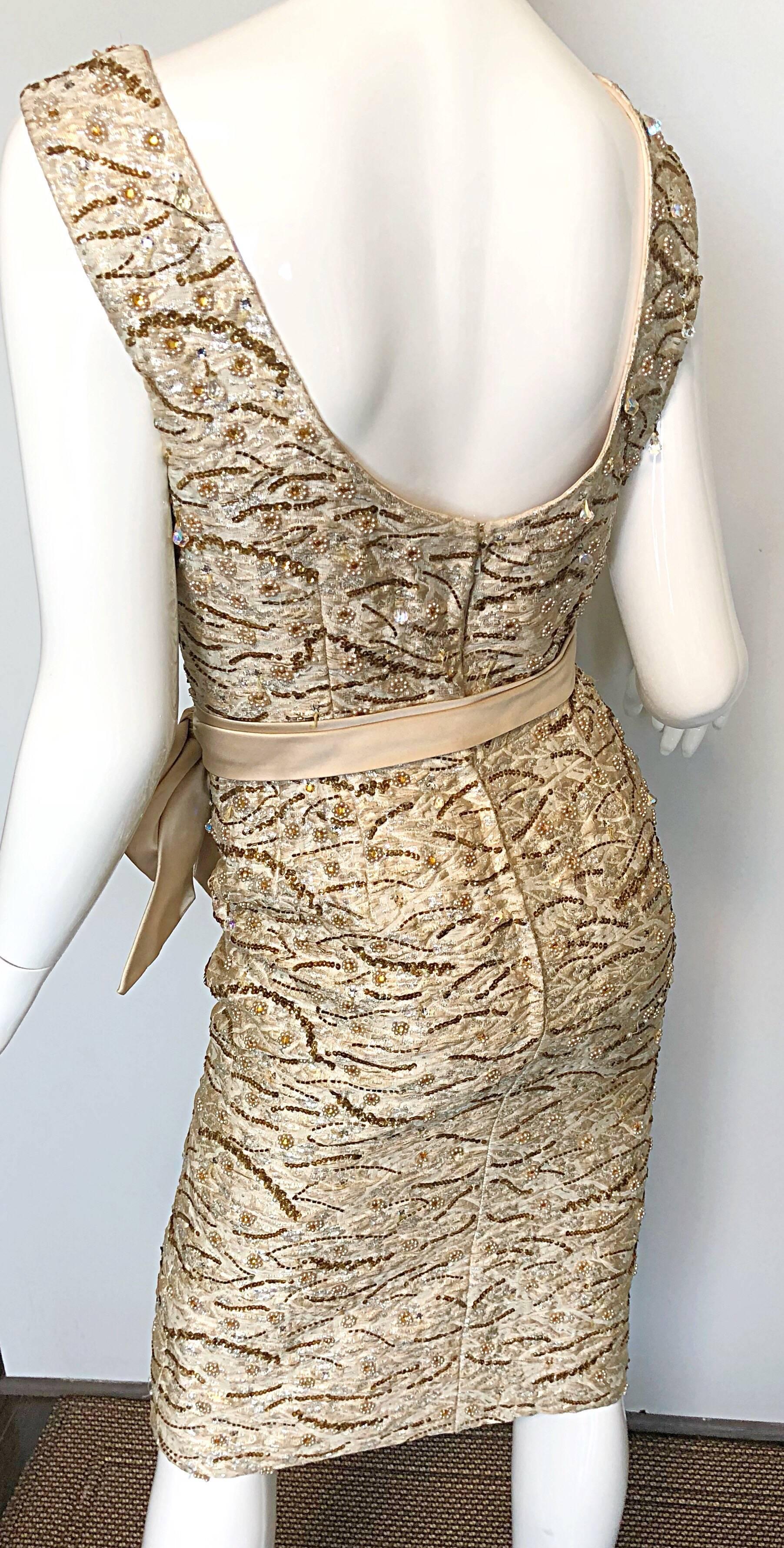 Beautiful 1950s Edward Abbott Demi Couture 50s Champagne Beige Silk Beaded Dress For Sale 1