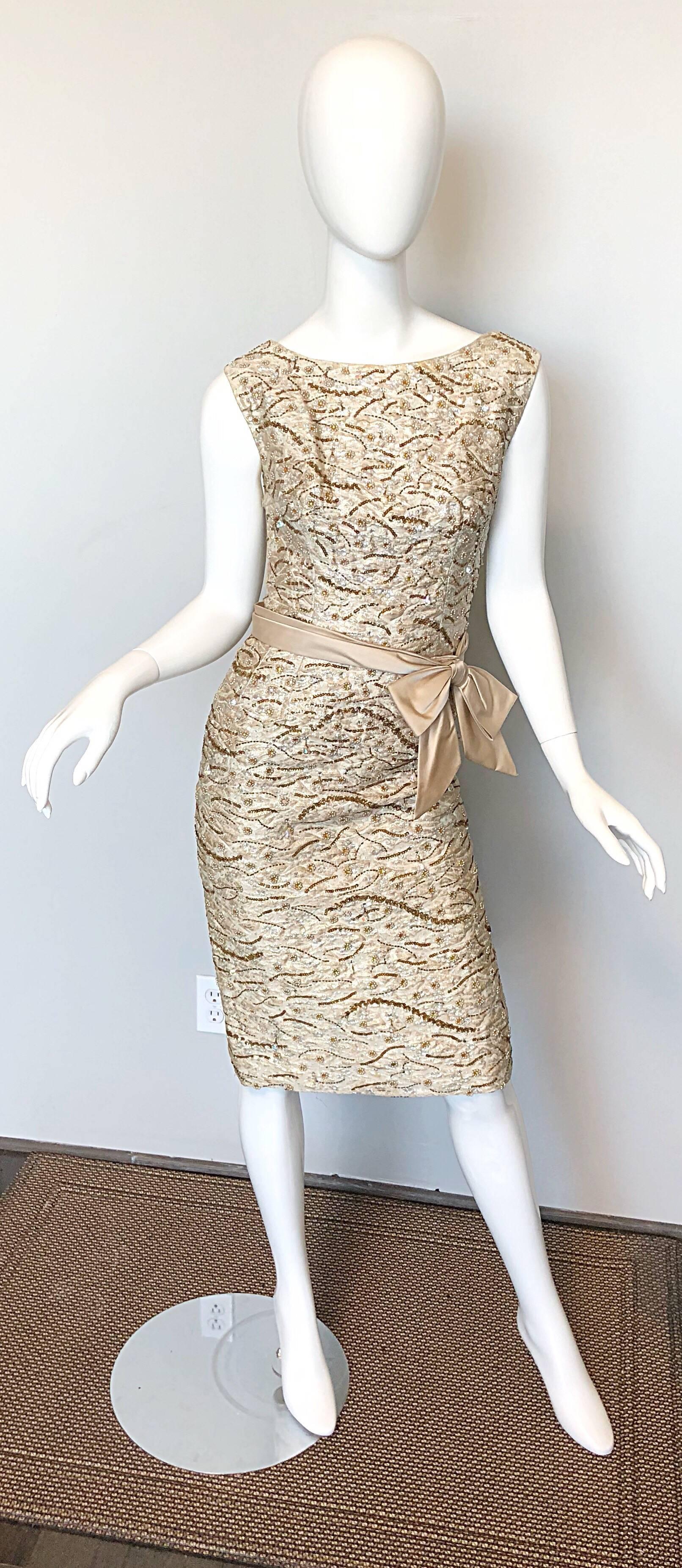 Beautiful 1950s Edward Abbott Demi Couture 50s Champagne Beige Silk Beaded Dress For Sale 2