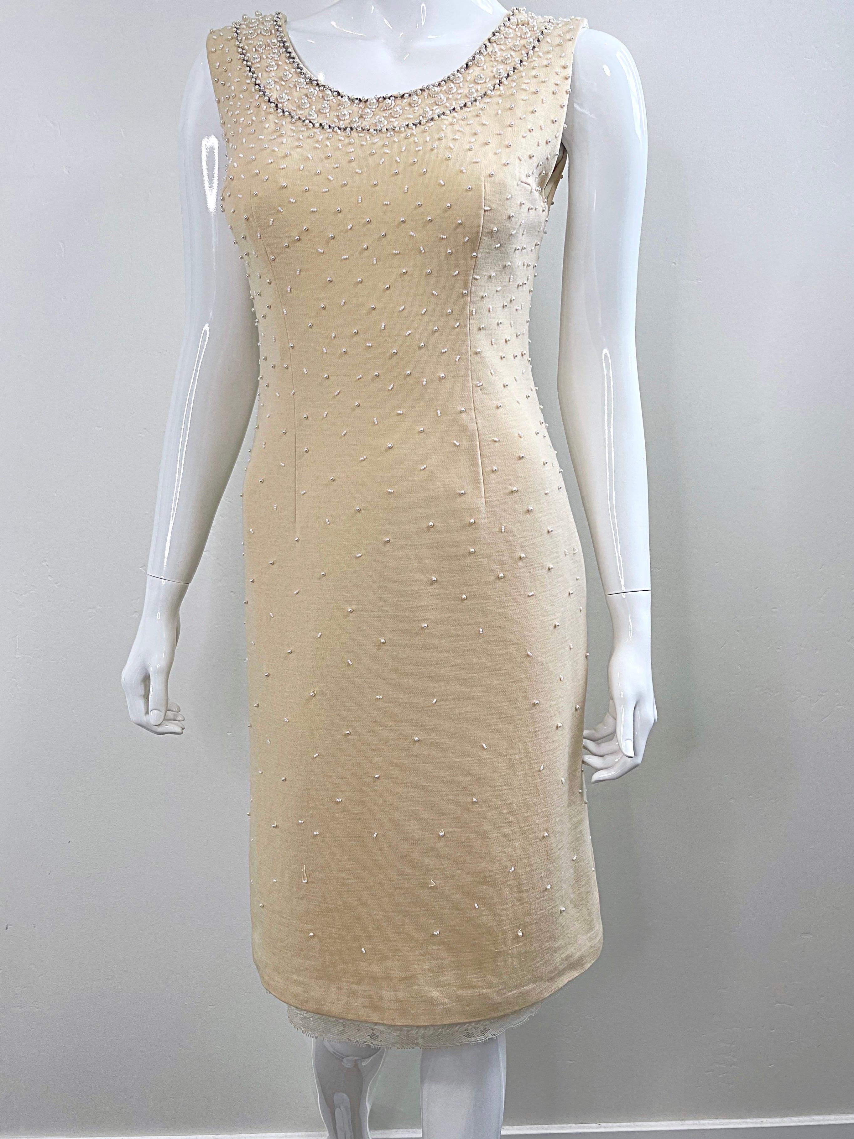 Beautiful 1950s French Demi Couture Ivory Off White Beaded Vintage 50s Dress For Sale 11