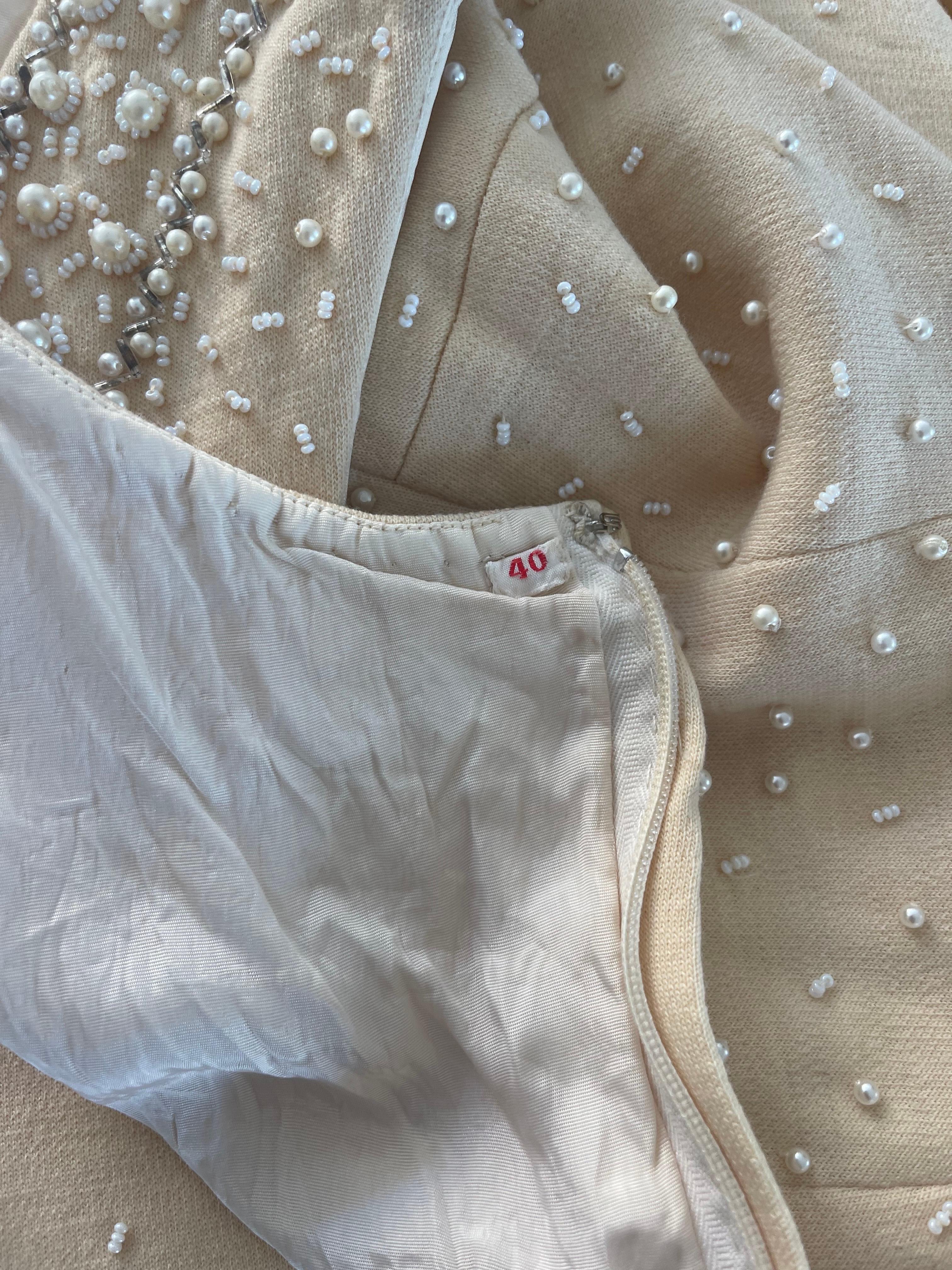 Beautiful 1950s French Demi Couture Ivory Off White Beaded Vintage 50s Dress In Excellent Condition For Sale In San Diego, CA