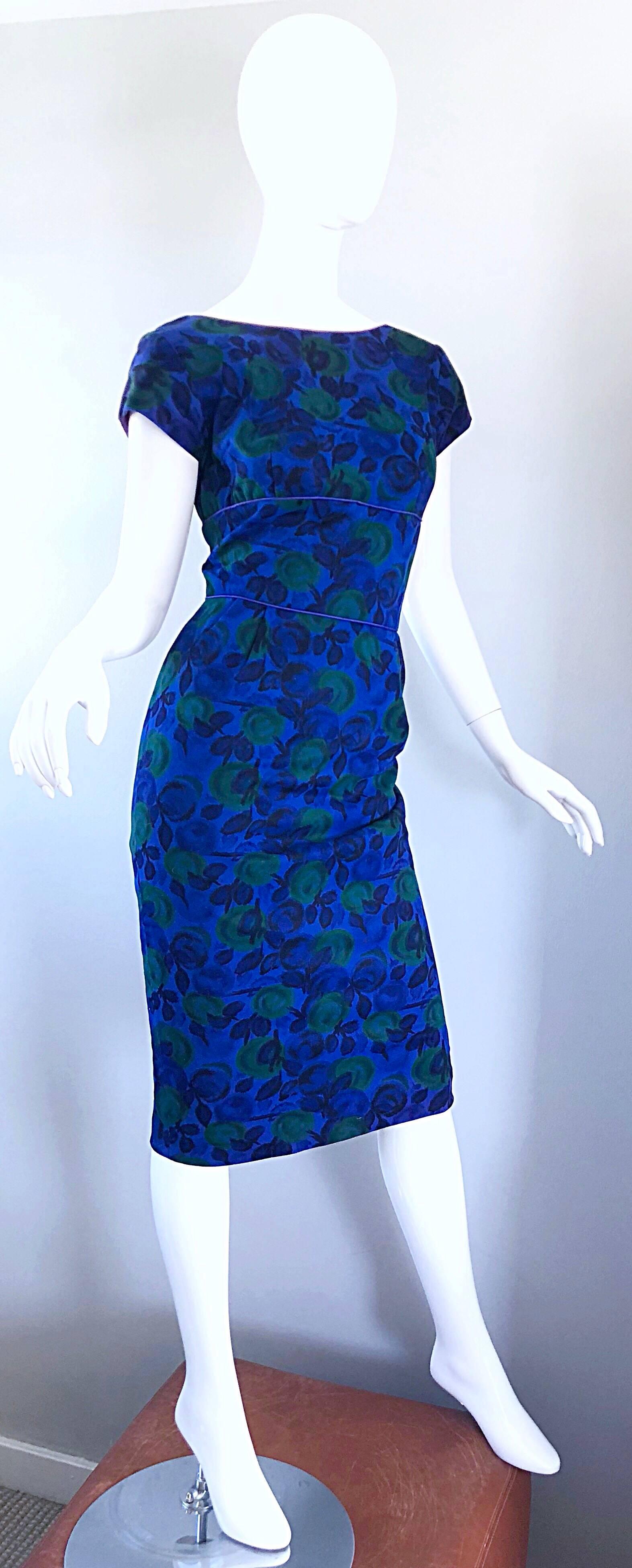 Beautiful 1950s Fruit Print Blue + Green Vintage 50s Wool Bombshell Wiggle Dress For Sale 5