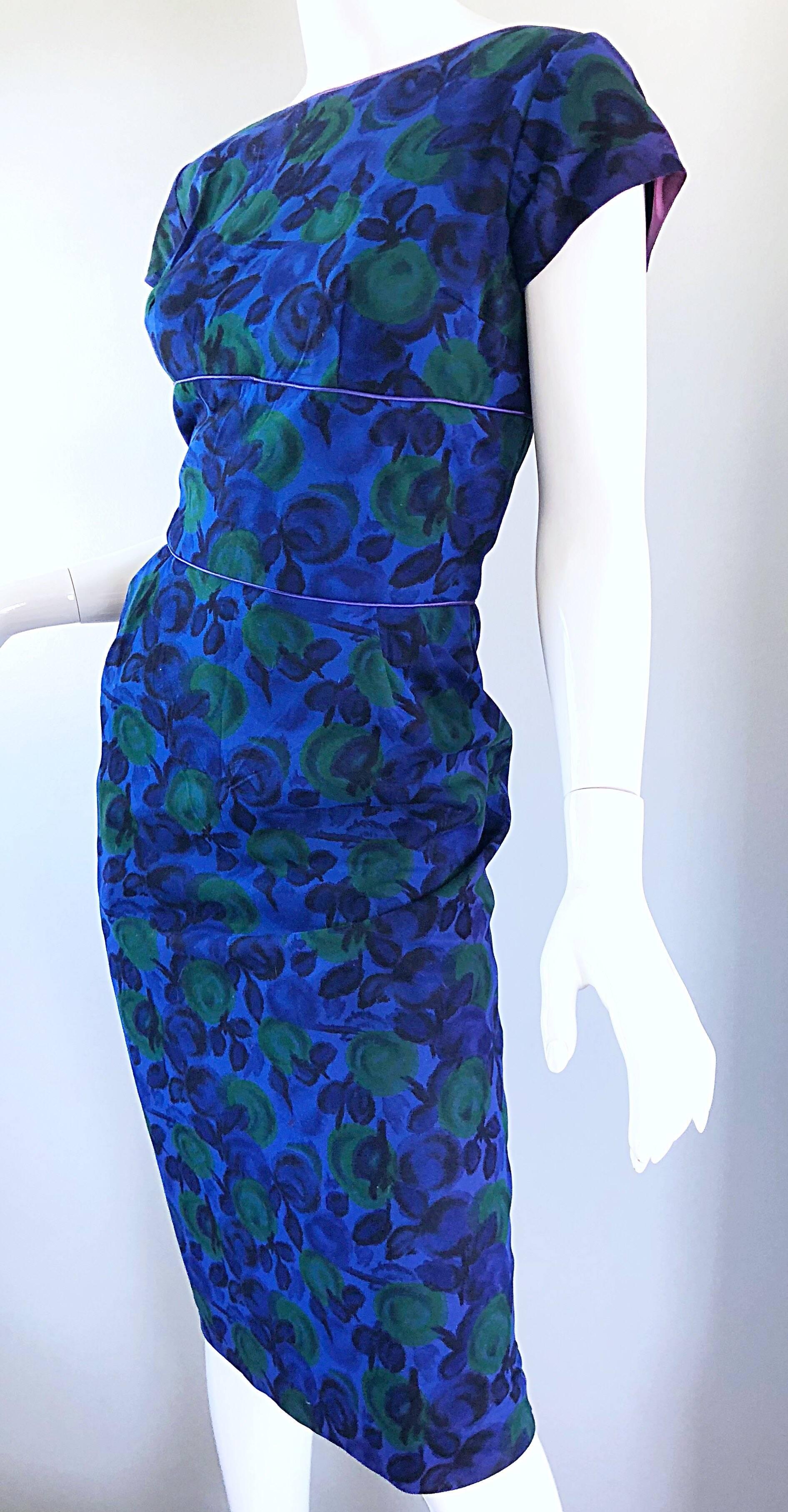 Beautiful 1950s Fruit Print Blue + Green Vintage 50s Wool Bombshell Wiggle Dress For Sale 6