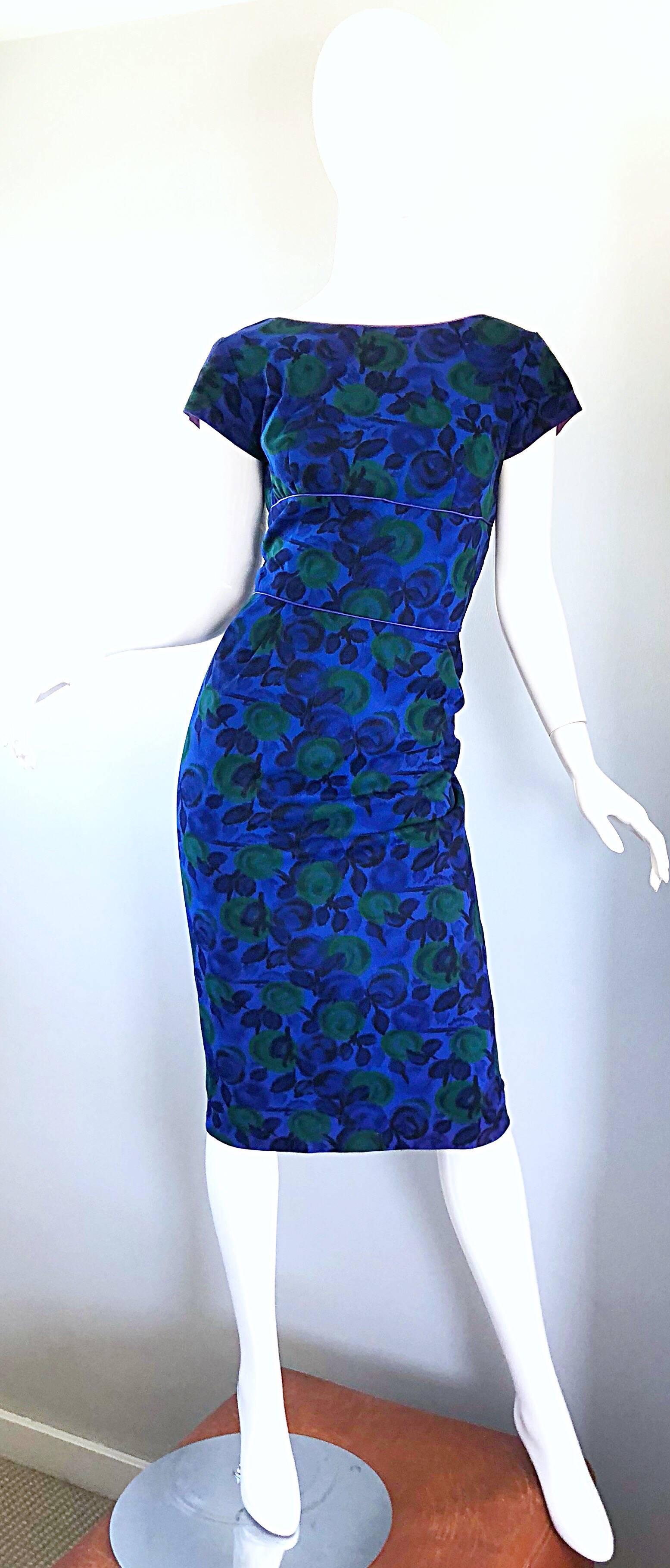 Beautiful 1950s Fruit Print Blue + Green Vintage 50s Wool Bombshell Wiggle Dress For Sale 8
