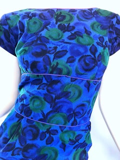 Beautiful 1950s Fruit Print Blue + Green Vintage 50s Wool Bombshell Wiggle Dress