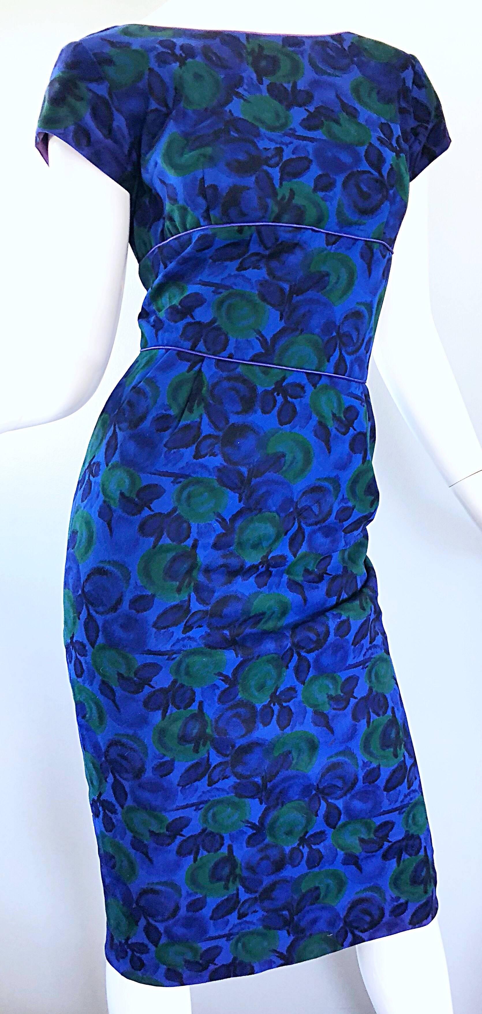 Magnifique robe en laine des années 50 à imprimé de fruits bleu et vert. Pour femmes en vente