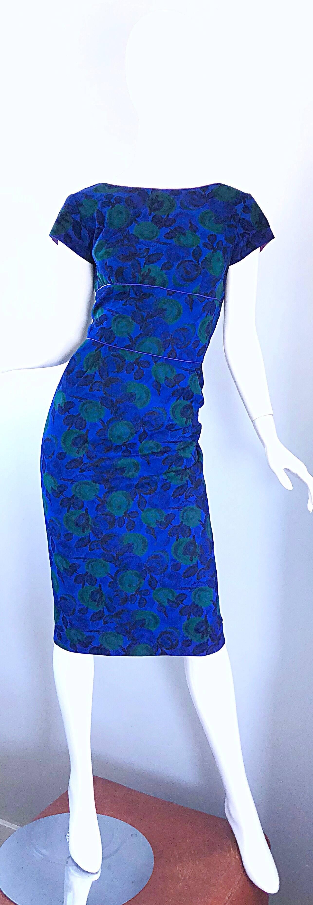 Beautiful 1950s Fruit Print Blue + Green Vintage 50s Wool Bombshell Wiggle Dress For Sale 1