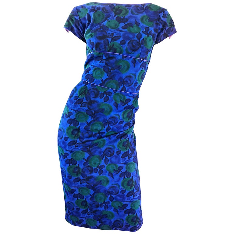 Beautiful 1950s Fruit Print Blue + Green Vintage 50s Wool Bombshell Wiggle Dress