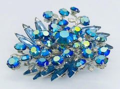 Beautiful 1950s Large Blue Rhinestone Crystal Silver Tone Vintage 50s Brooch Pin