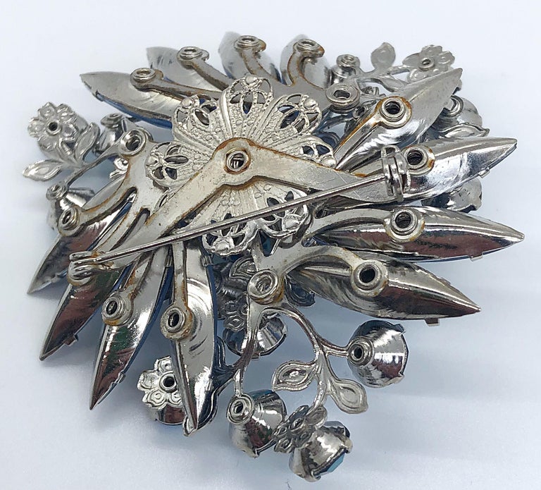 Broche Vintage Années 1950 - Cristaux Blancs Transparents Et Bleu Clair - Bijou Ancien