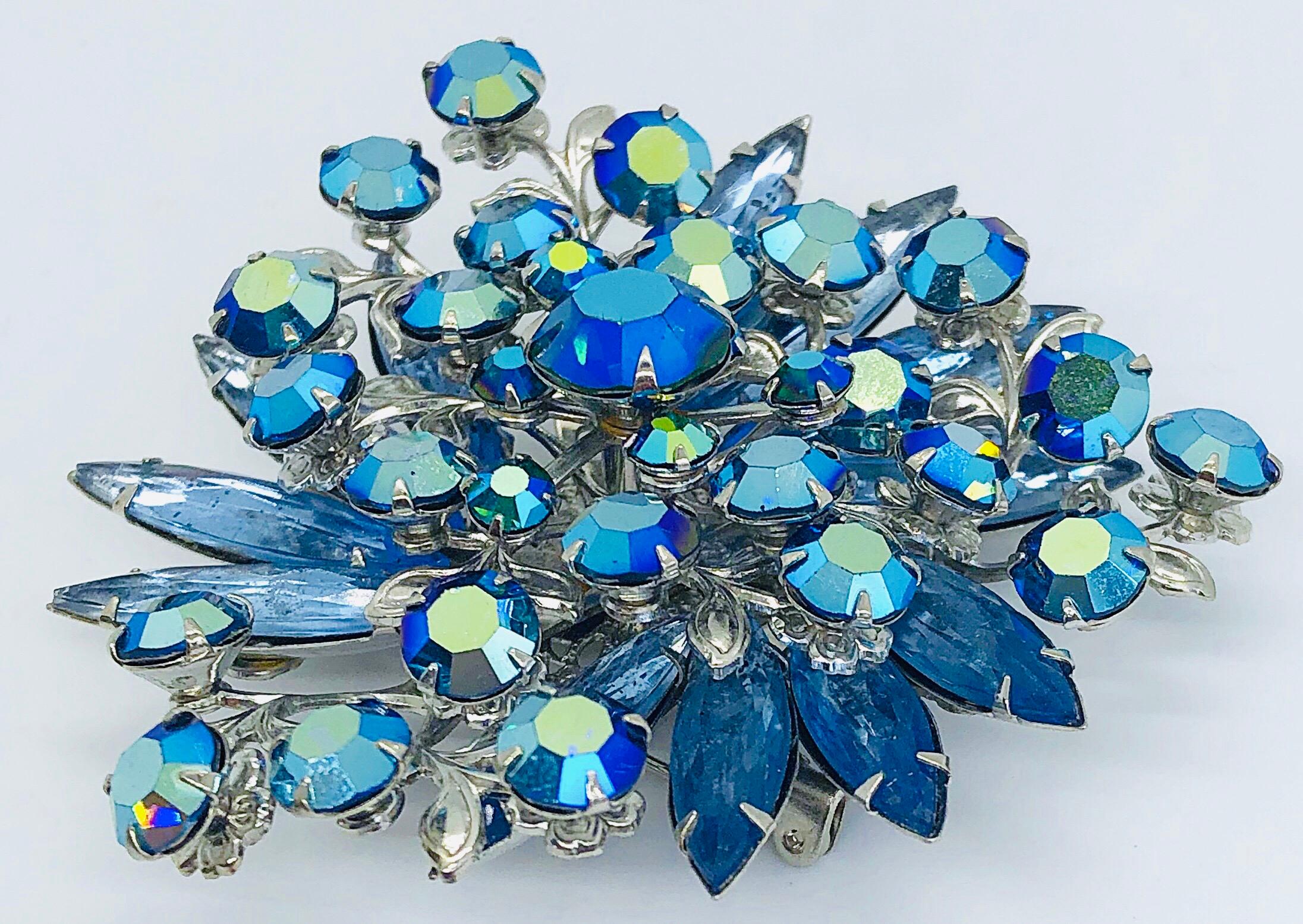 Vintage Austrian Art flower baby blue crystal brooch pins
