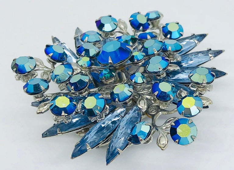 Broche Vintage Française Cristal Fleur - Années 1950-1960, Laiton Et Zircon Multicolore