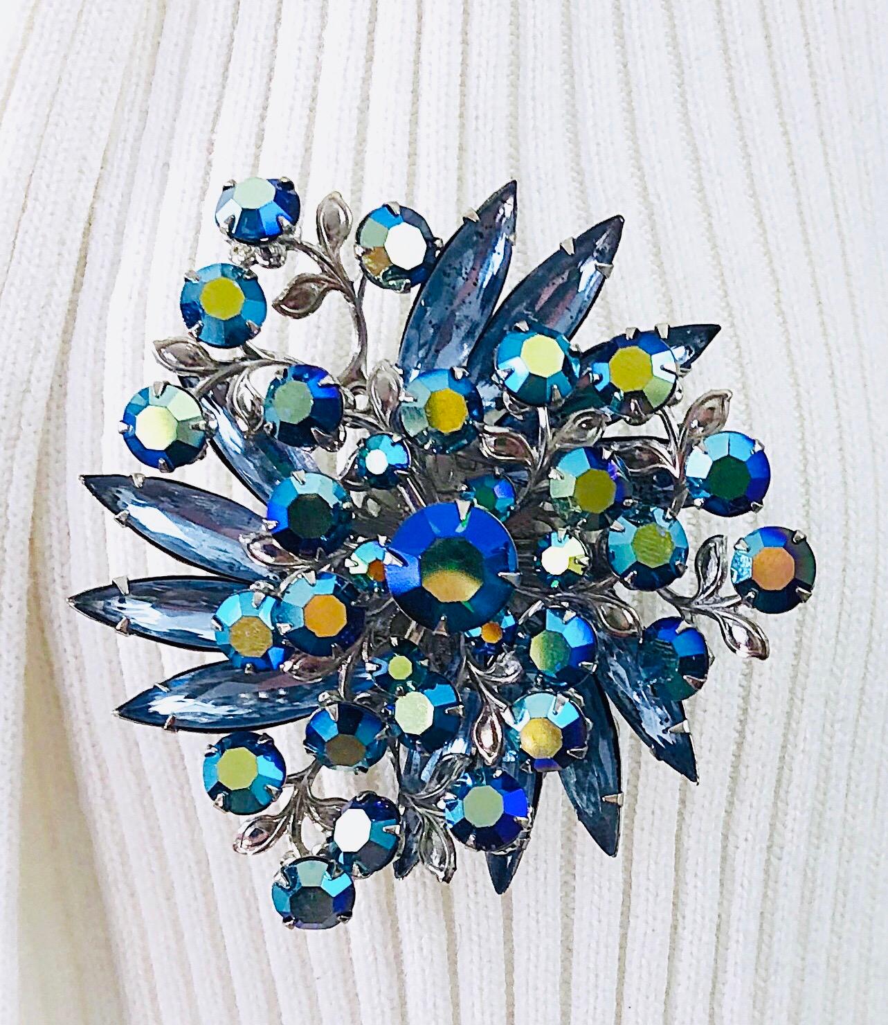 Vintage Blue Crystal and Clear Rhinestone Pin Sale