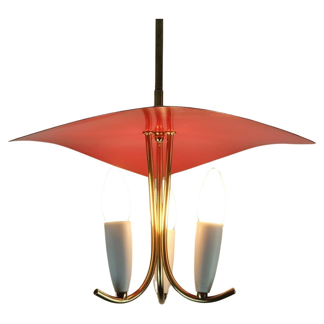 beautiful 1950s mid century 3-light PENDANT LIGHT brass metal plastic  For Sale