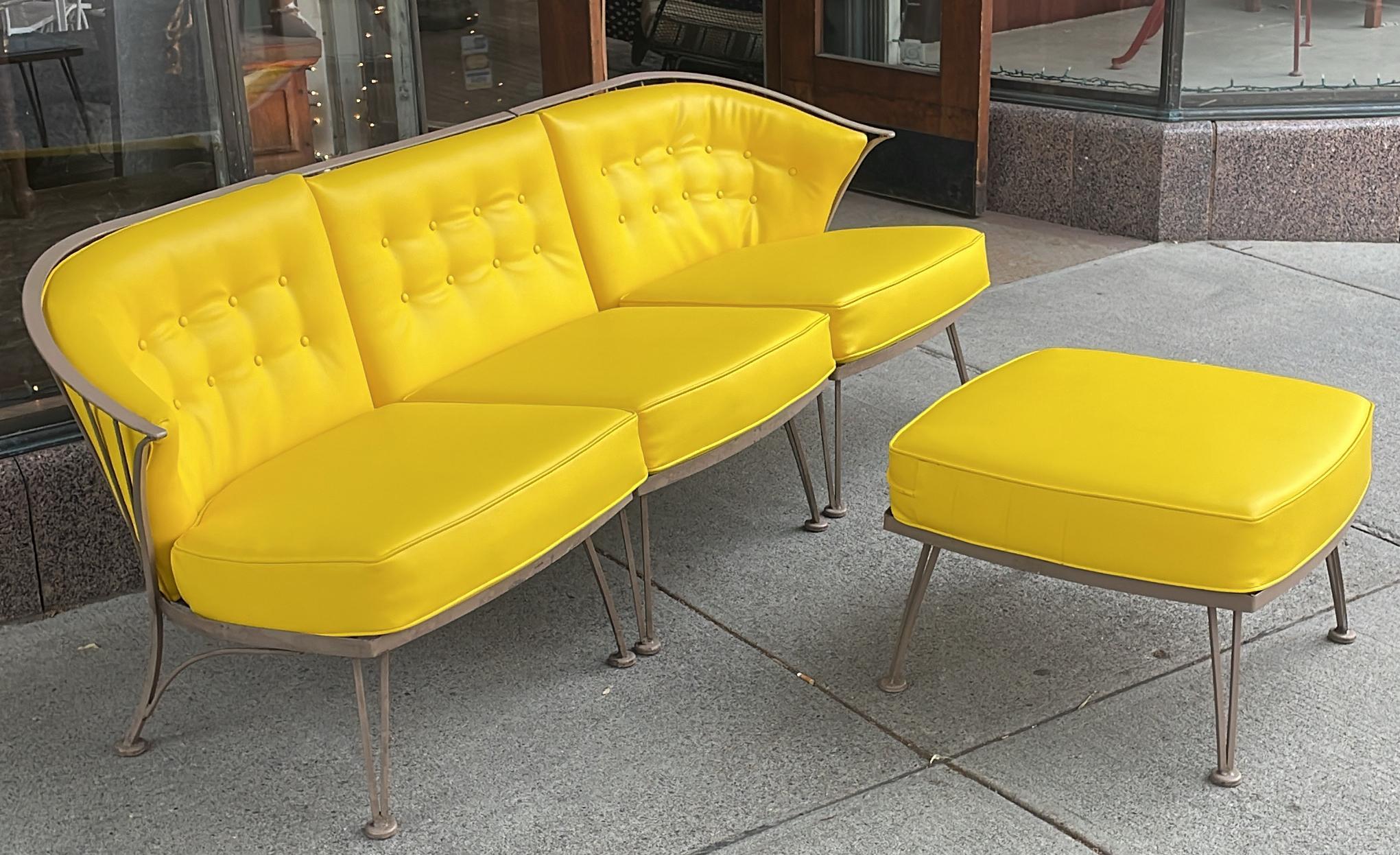 a beautiful and extremely versatile 1950's Pinecrest sectional lounge set by Woodard. the set has three pieces, two single armchairs and one armless. these can be arranged as three individual pieces, a three seat sofa, or a two piece settee with a