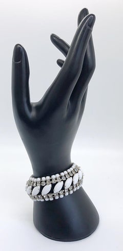 Beautiful 1960s Rhinestone White and Silver Vintage 60s Cuff Bracelet