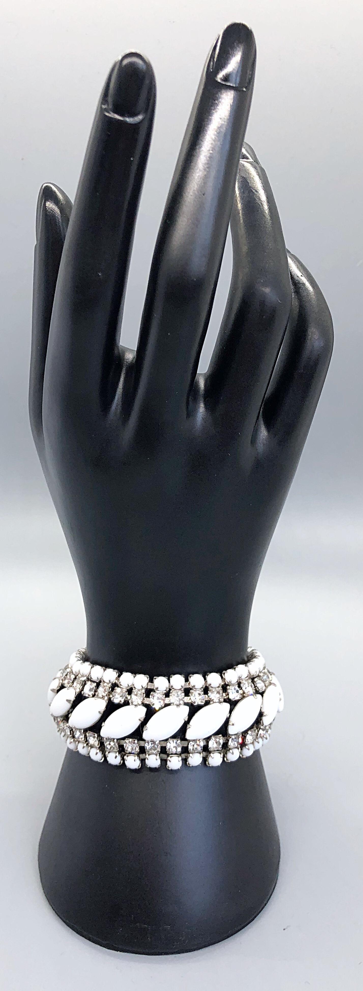 Beautiful 1960s Rhinestone White and Silver Vintage 60s Cuff Bracelet  In Excellent Condition For Sale In San Diego, CA
