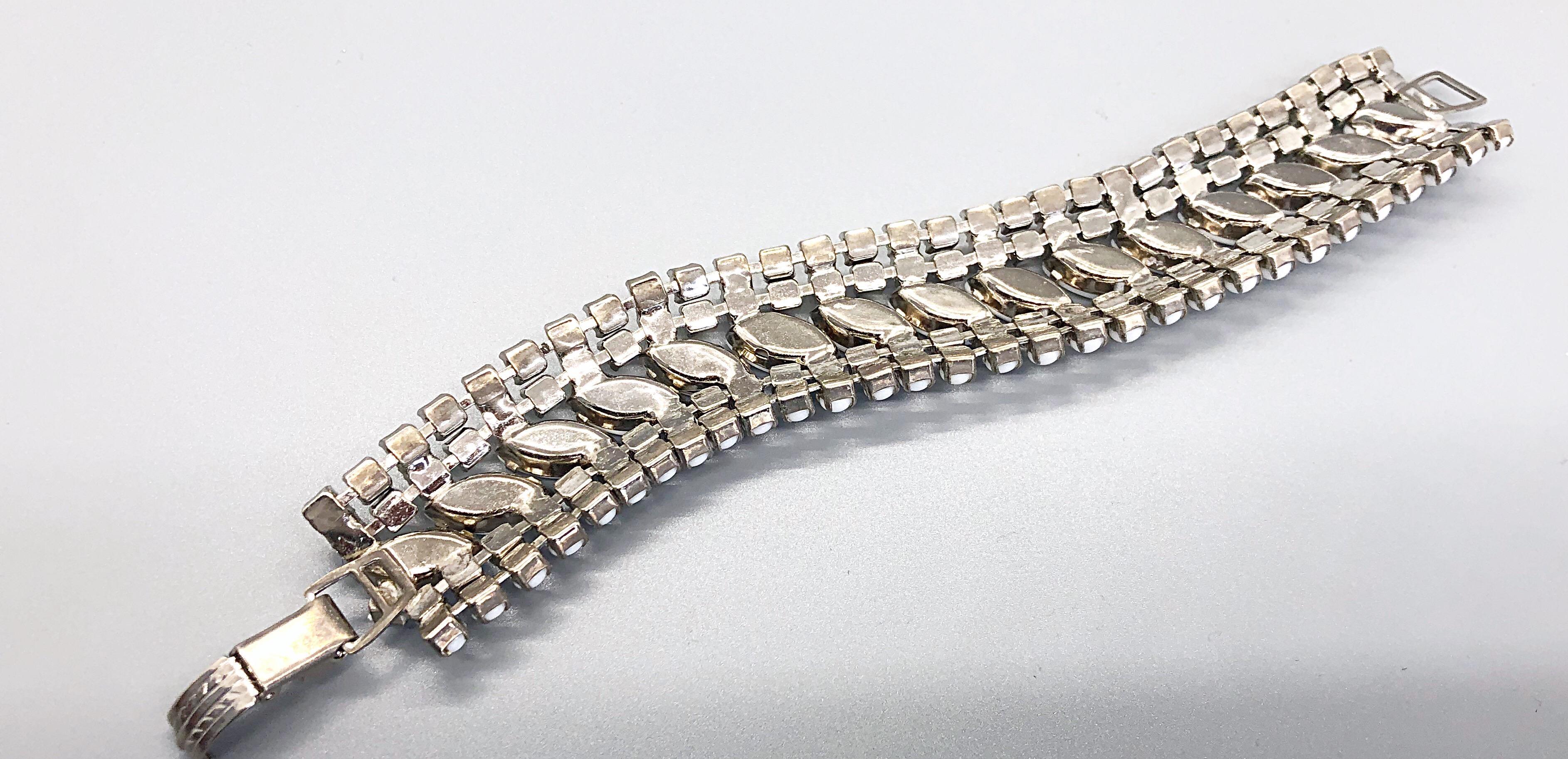 Women's Beautiful 1960s Rhinestone White and Silver Vintage 60s Cuff Bracelet  For Sale