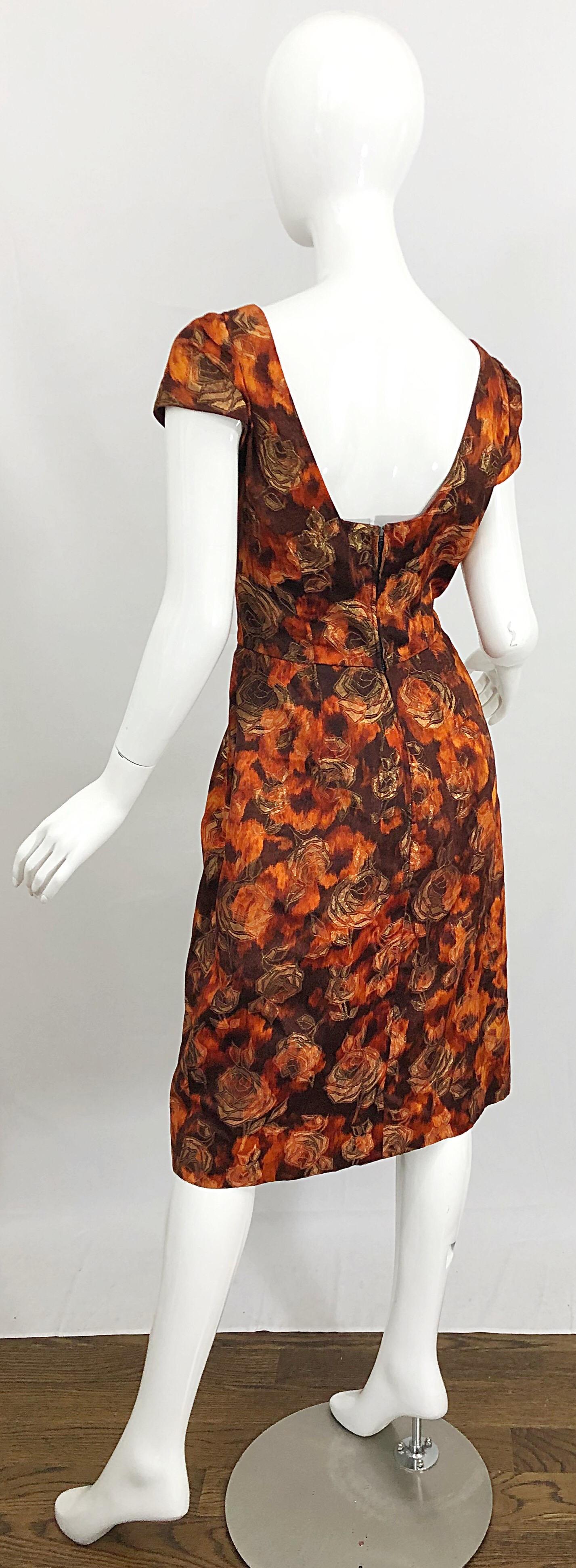 Beautiful 1950s Rose Print Silk Brocade Brown Orange Gold 50s Dress and Jacket For Sale 3
