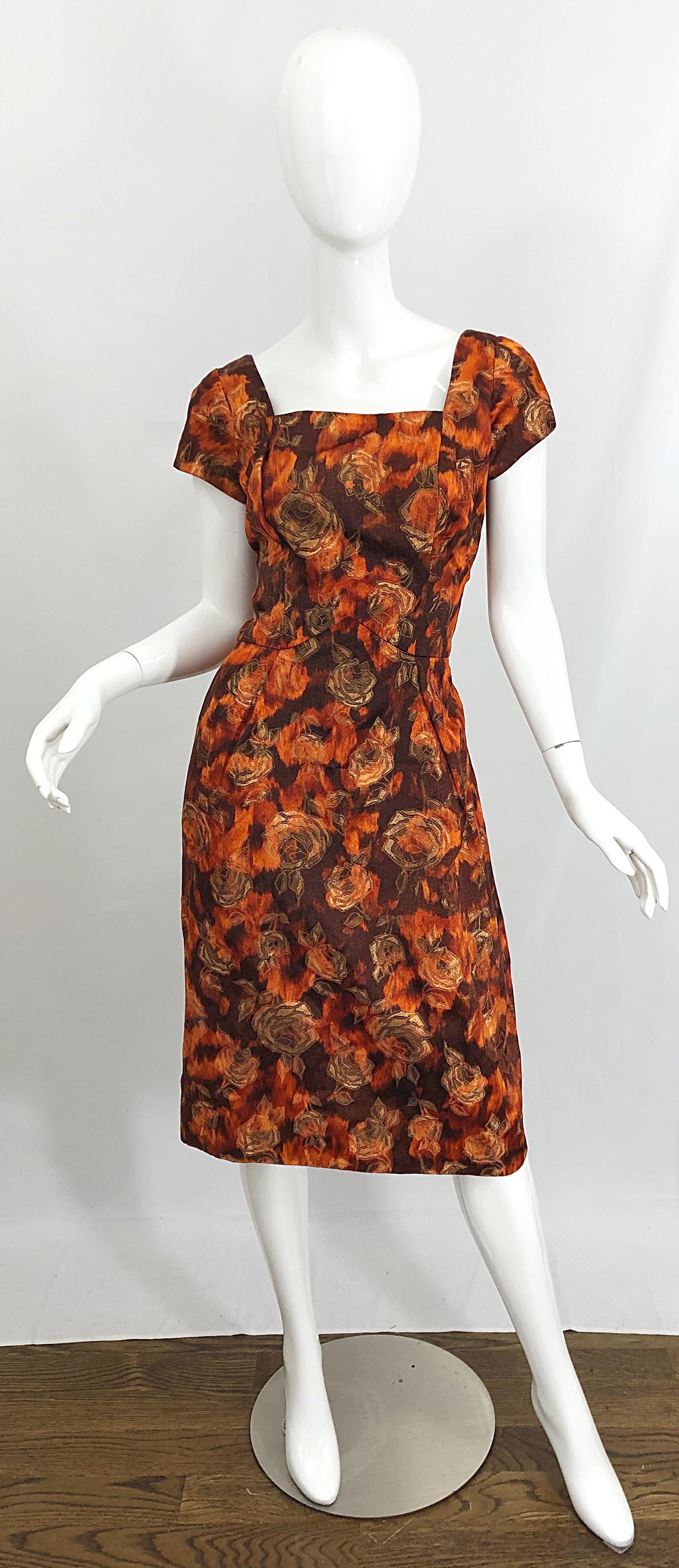 Beautiful 1950s Rose Print Silk Brocade Brown Orange Gold 50s Dress and Jacket For Sale 7