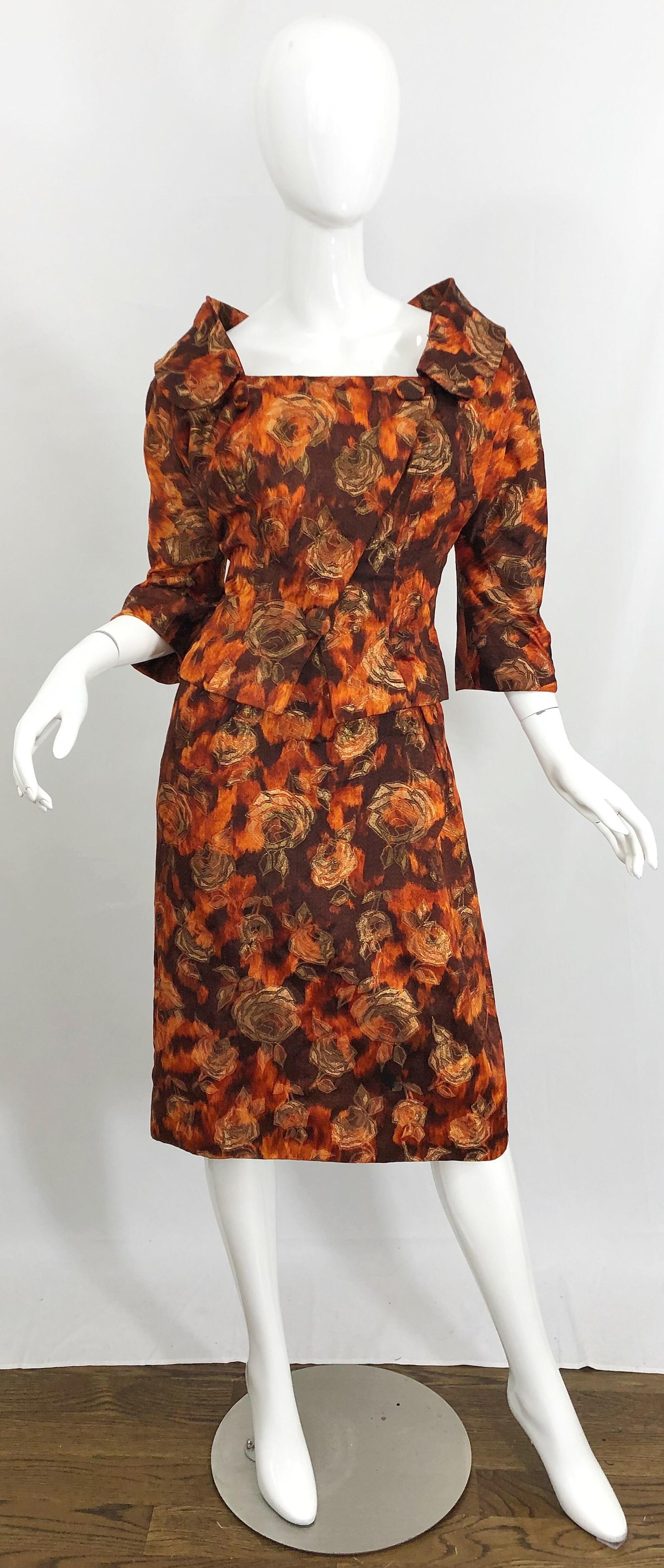 Beautiful 1950s Rose Print Silk Brocade Brown Orange Gold 50s Dress and Jacket For Sale 8