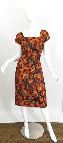 Beautiful 1950s Rose Print Silk Brocade Brown Orange Gold 50s Dress and Jacket