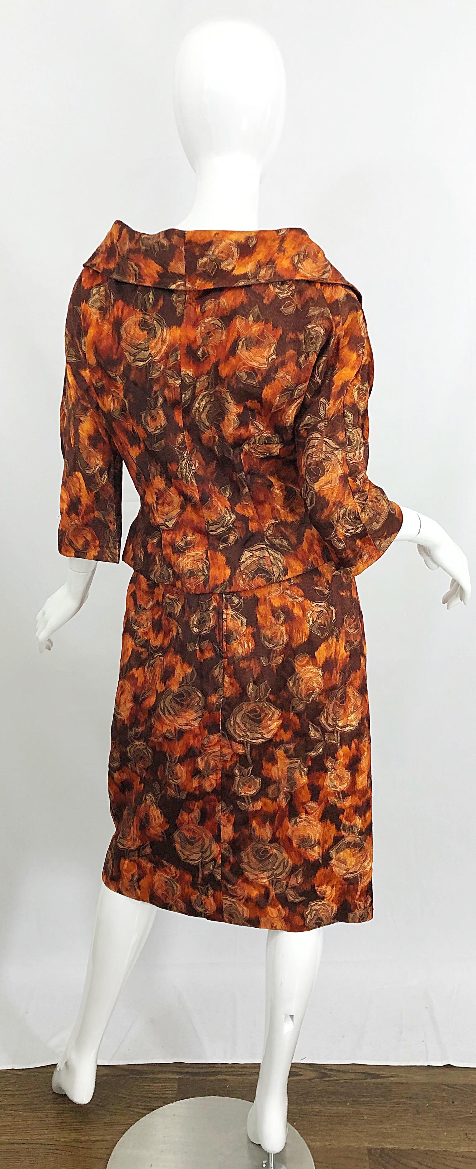 Women's Beautiful 1950s Rose Print Silk Brocade Brown Orange Gold 50s Dress and Jacket For Sale