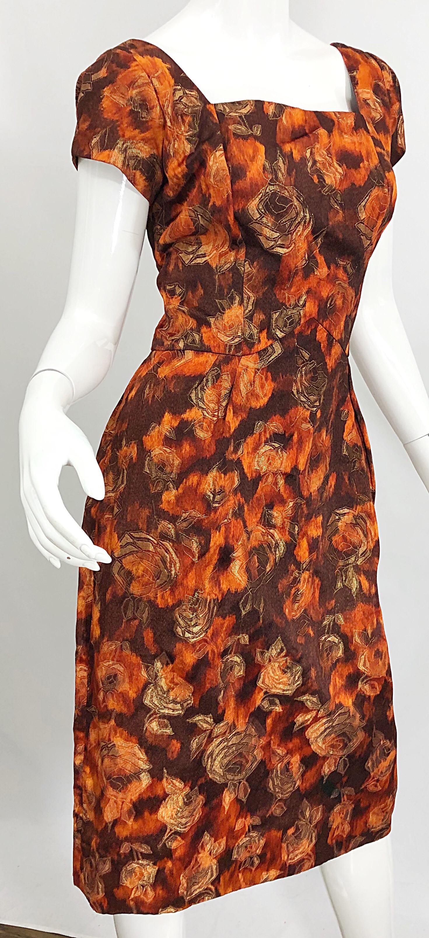 Beautiful 1950s Rose Print Silk Brocade Brown Orange Gold 50s Dress and Jacket For Sale 1