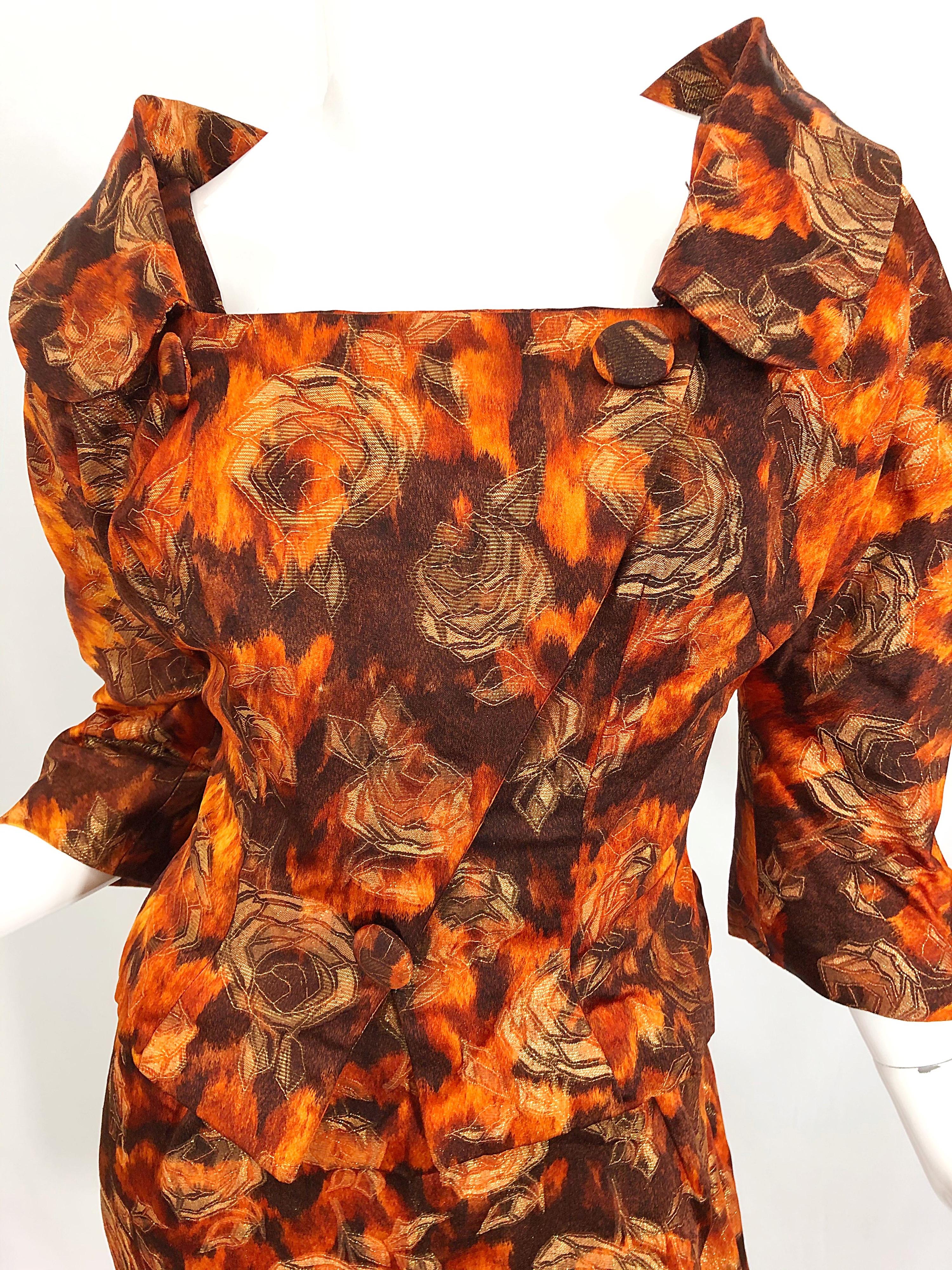Beautiful 1950s Rose Print Silk Brocade Brown Orange Gold 50s Dress and Jacket For Sale 2